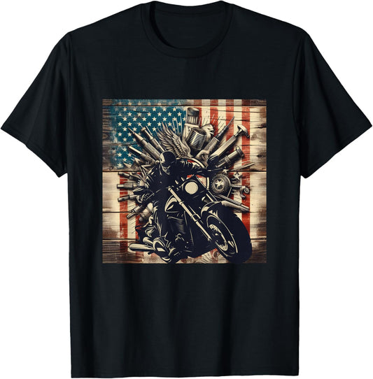 Patriotic American Flag Biker Motorcycle T-Shirt - T-Shirt | Black