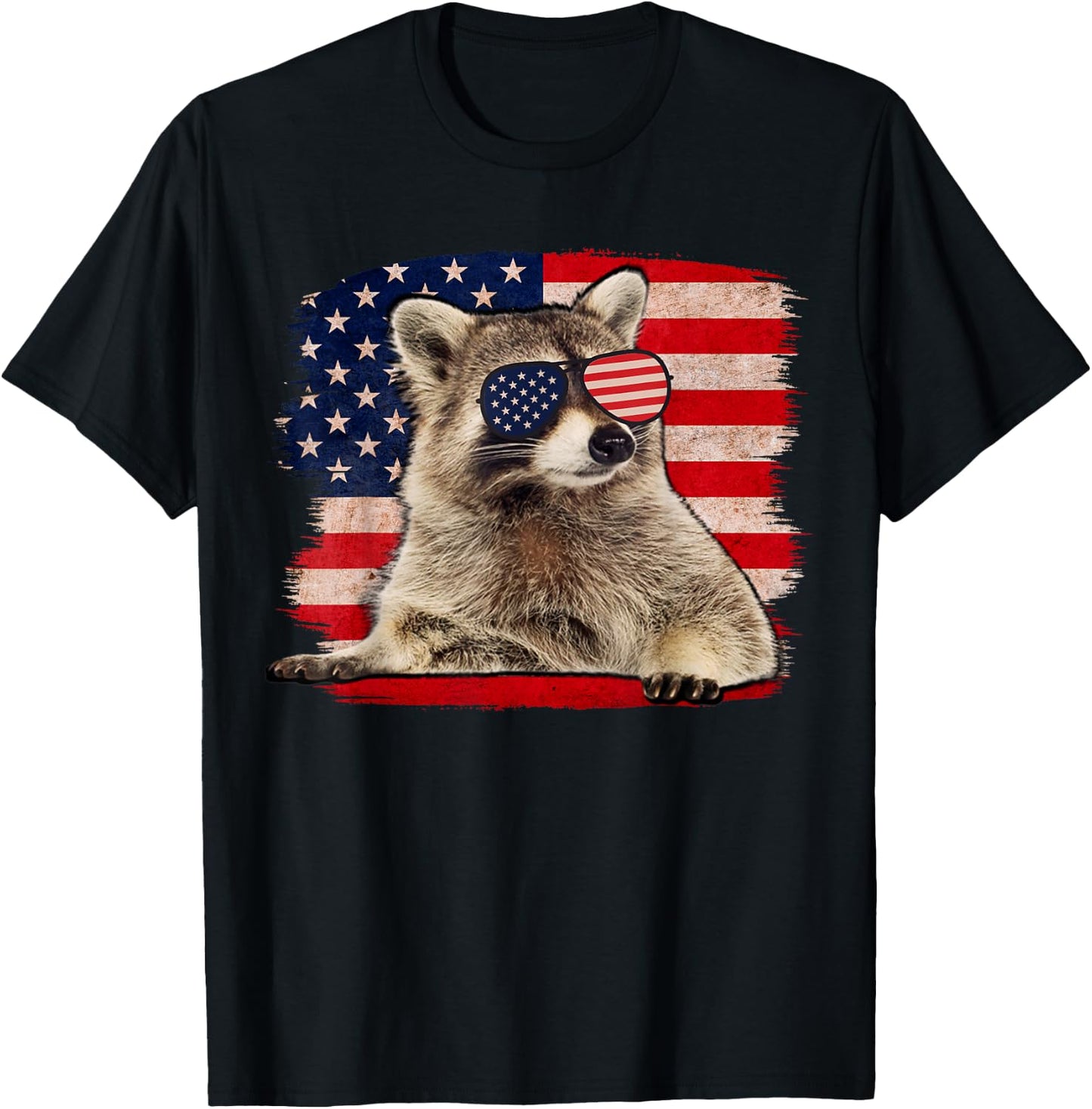 Raccoon 4th Of July American Flag Sunglasses Funny Raccoon T-Shirt - T-Shirt | Black