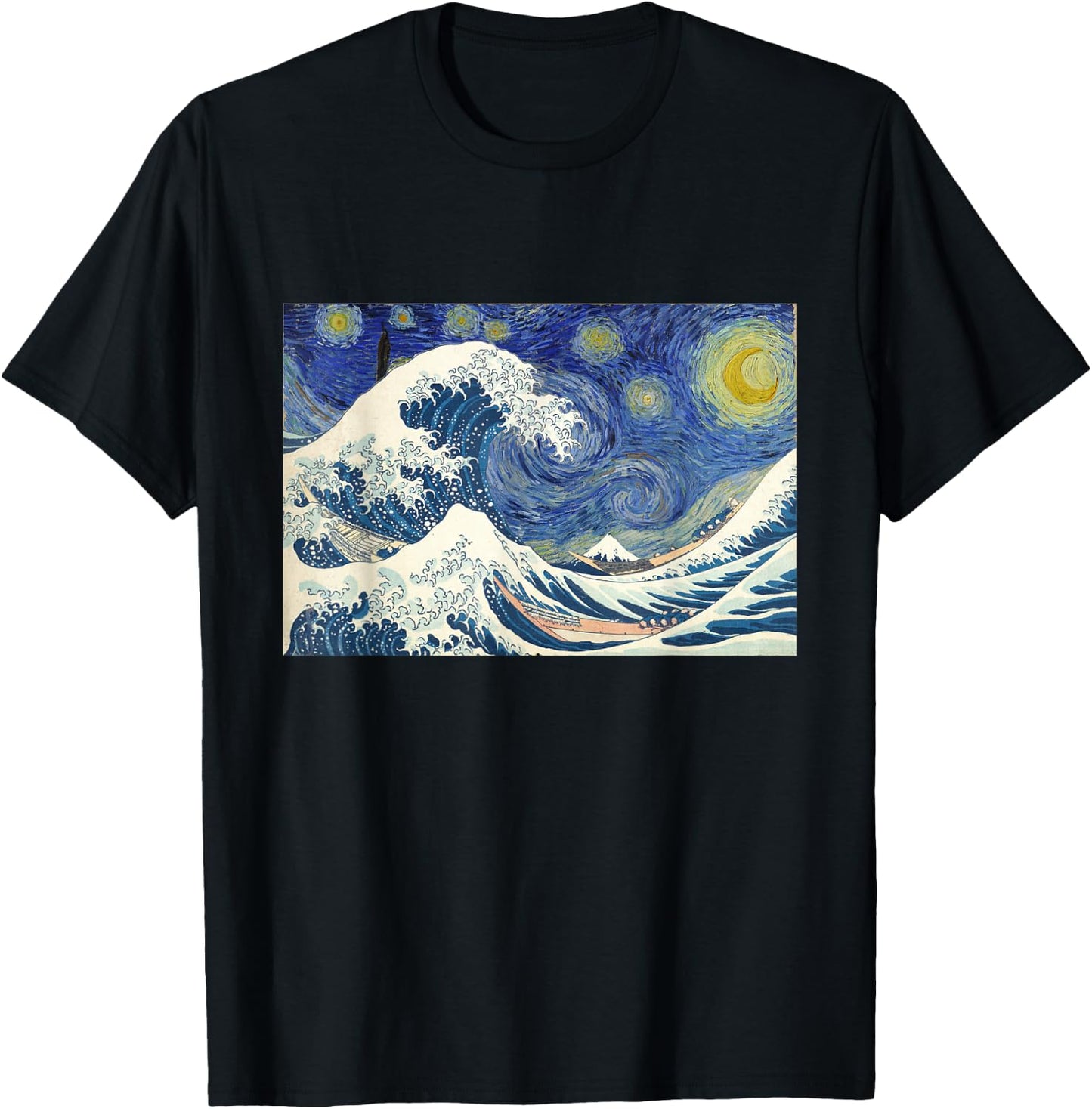 Great Wave off Kanagawa with Starry Nights van Gogh T-Shirt - T-Shirt | Black