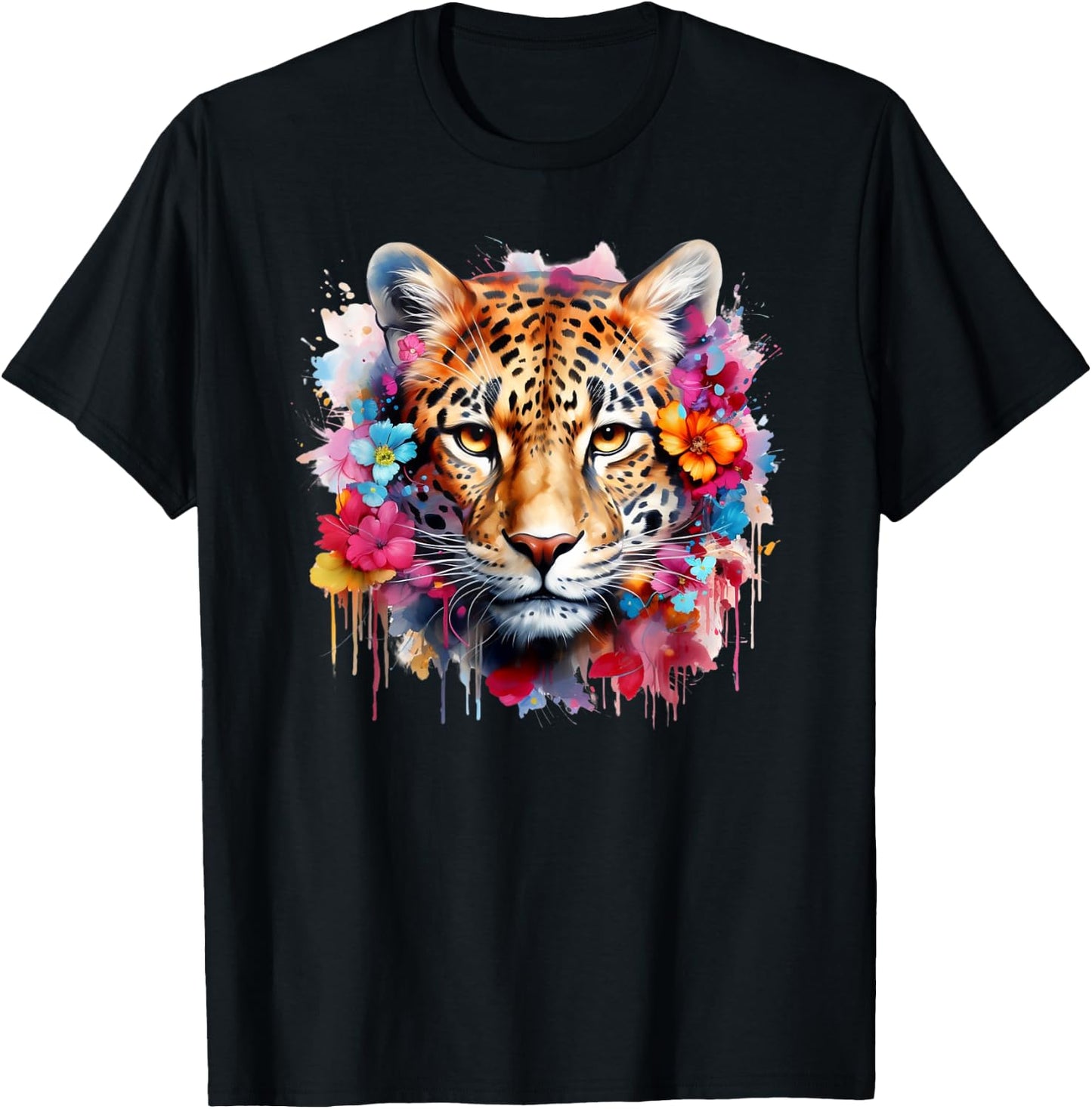 Colorful Leopard Portrait Flowers Floral Leopard Watercolor T-Shirt - T-Shirt | Black