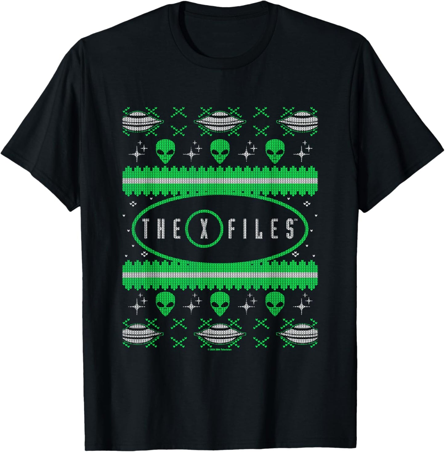 X-Files Christmas Alien UFO Vintage Ugly Sweater Pattern T-Shirt - T-Shirt | Black
