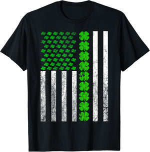 St Patricks Day Usa Lucky 4 Leaf Clovers Flag T-Shirt - T-Shirt | Black
