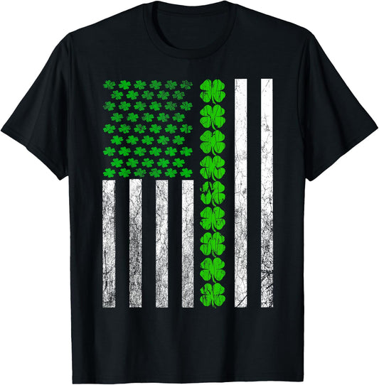 St Patricks Day Usa Lucky 4 Leaf Clovers Flag T-Shirt - T-Shirt | Black