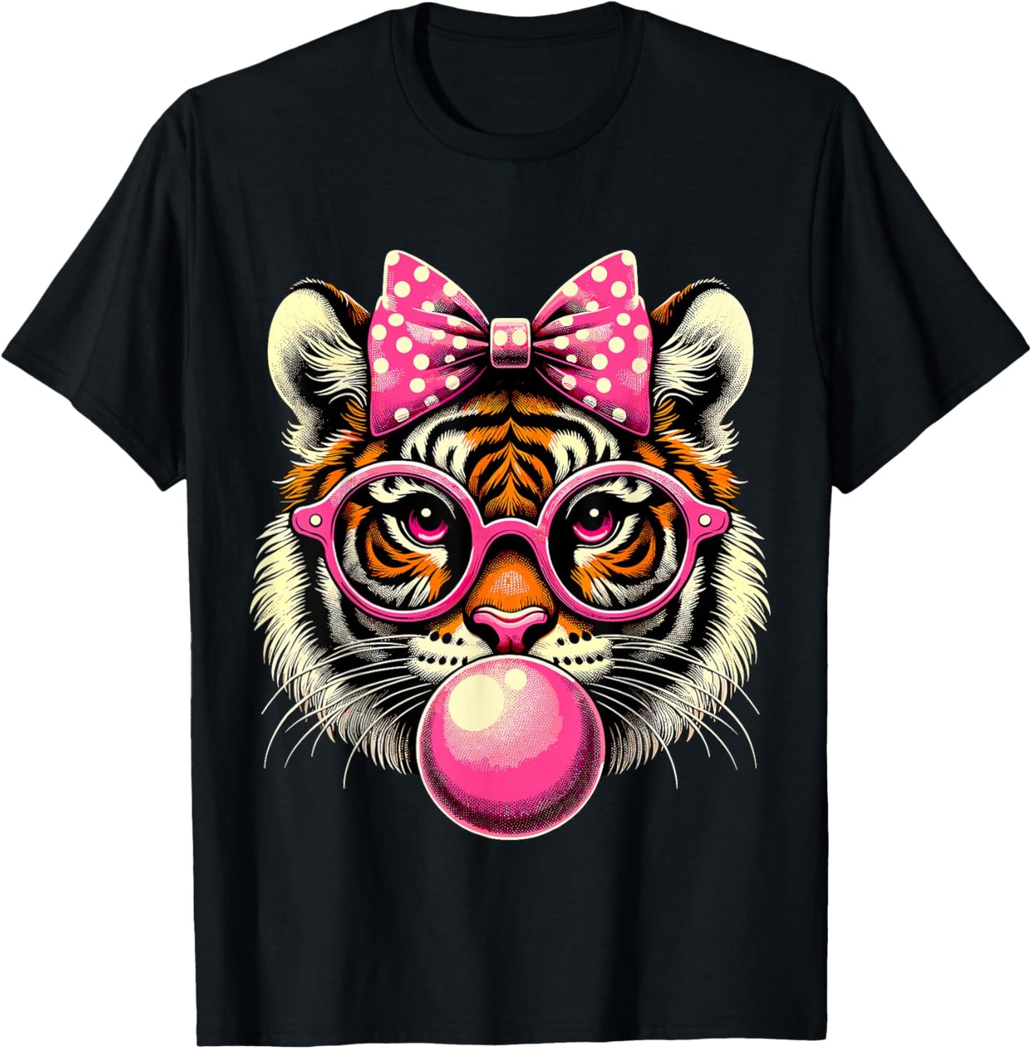 Tiger with Glasses Bubblegum and Bow T-Shirt - T-Shirt | Black