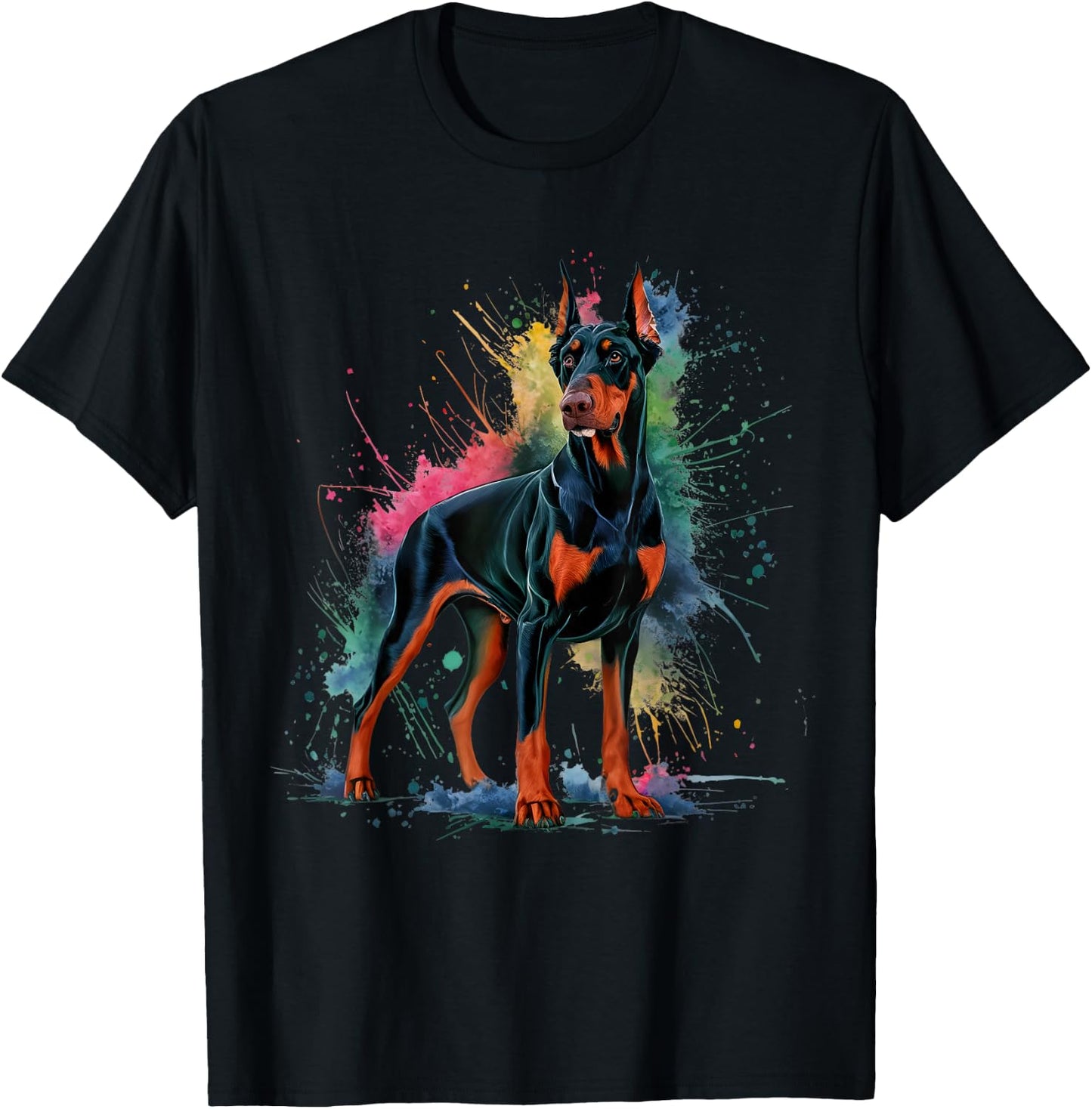 Men Woman Colorful Watercolor Doberman T-Shirt - T-Shirt | Black