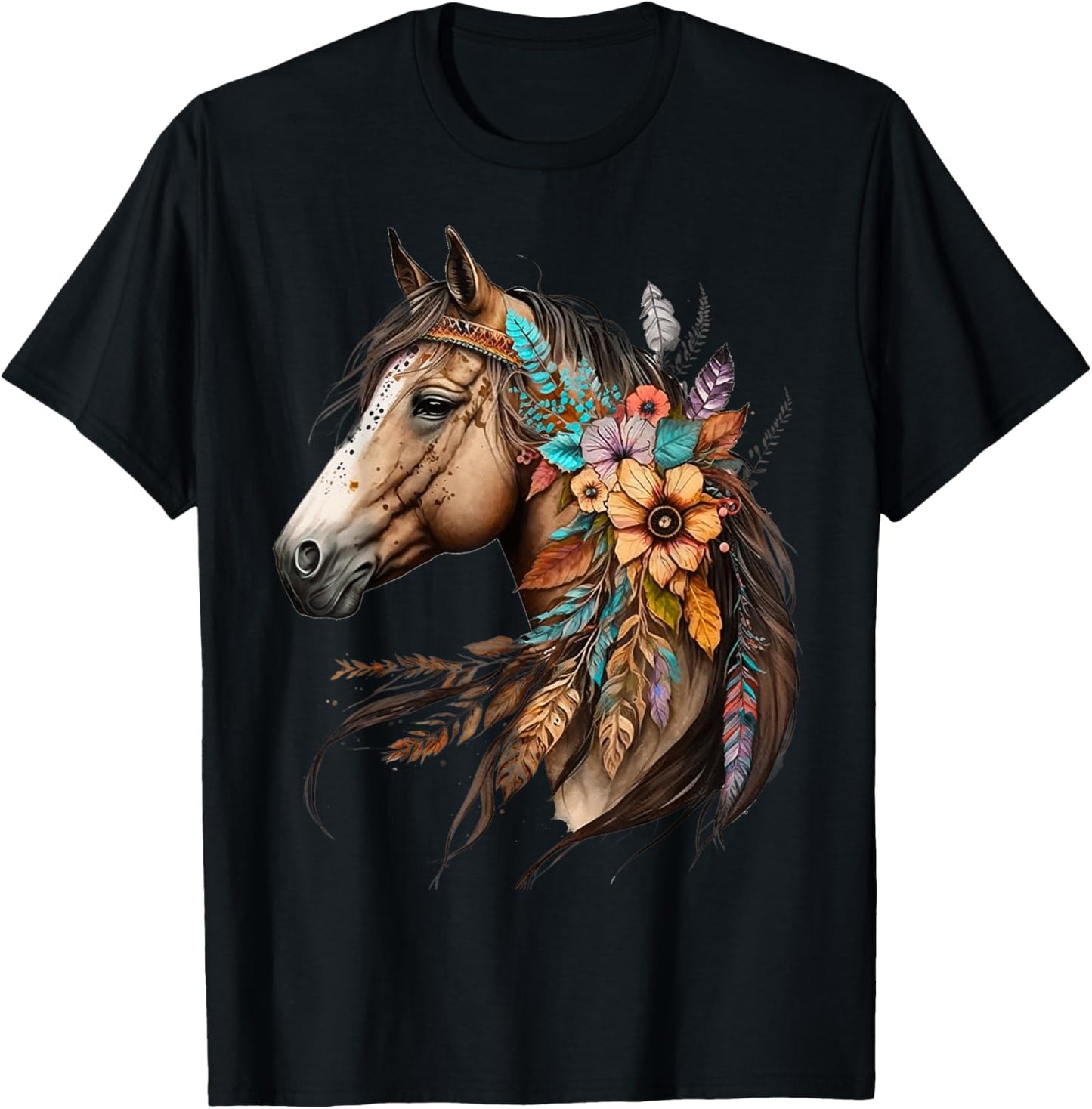 Floral Wild Horse Country Horse Riding T-Shirt - T-Shirt | Black