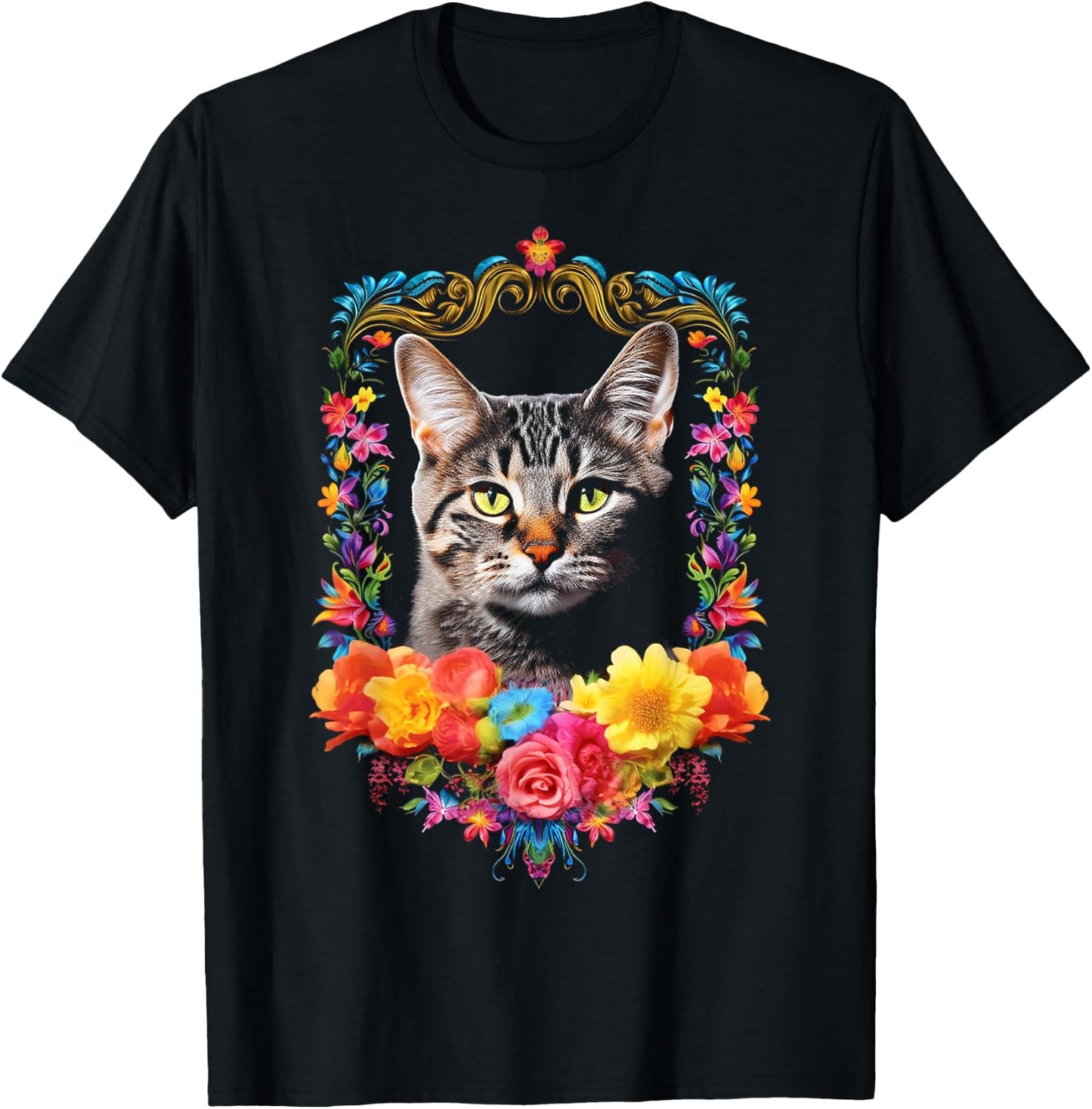 Cat Colorful Animal Flowers Art Face Graphic Cat Men Women Kids T-Shirt - T-Shirt | Black