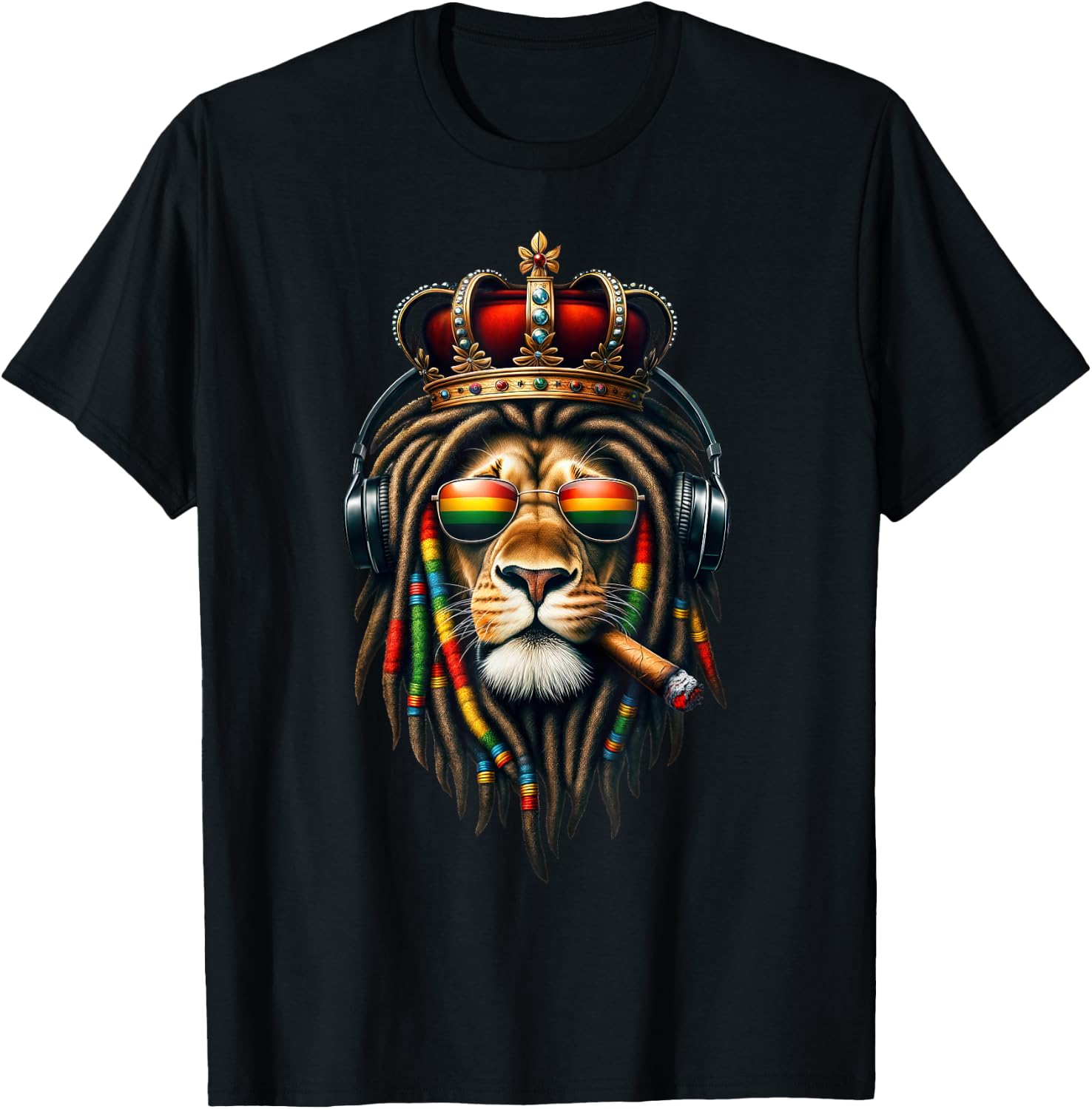 King Rasta Reggae Rastafarian Music Headphones Lion of Judah T-Shirt - T-Shirt | Black