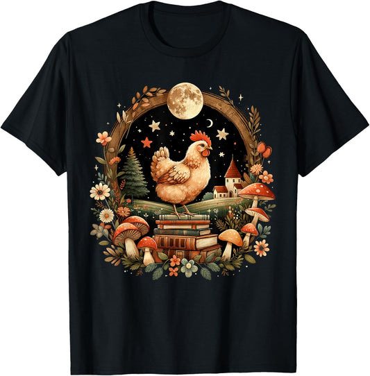 Cute Mushroom Cottagecore Aesthetic Chicken T-Shirt - T-Shirt | Black