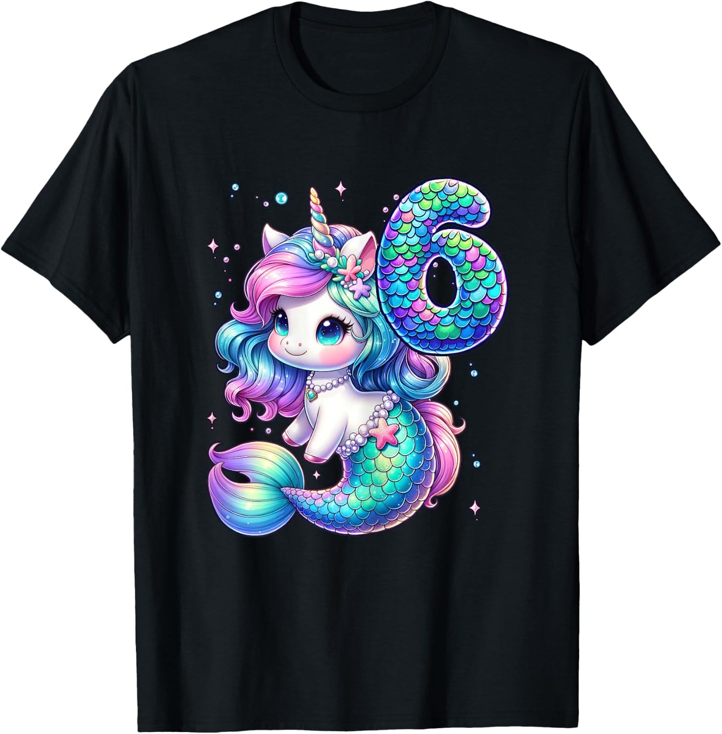 Unicorn Mermaid 6th Birthday 6 Year Old Party Girls Outfit T-Shirt - T-Shirt | Black