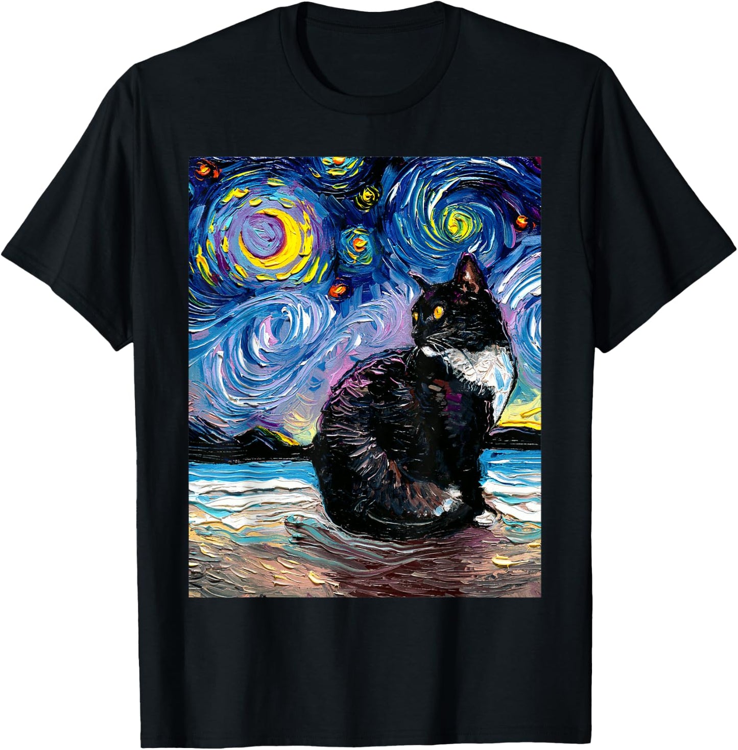 Tuxedo Cat on Beach Starry Night Impressionist Kitty Artwork T-Shirt - T-Shirt | Black