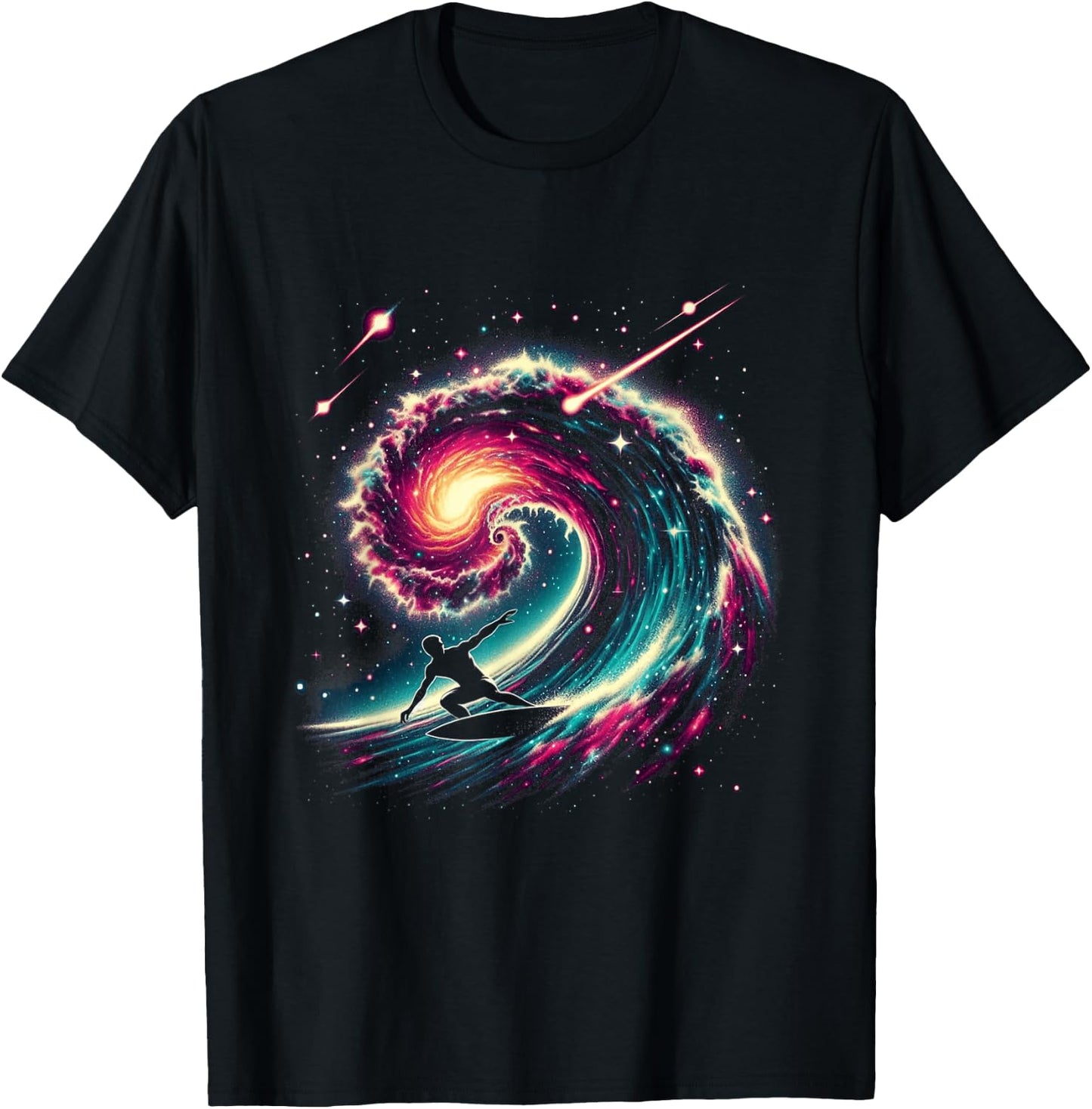 Cosmic Surfer Riding Through Space Swirl T-Shirt - T-Shirt | Black