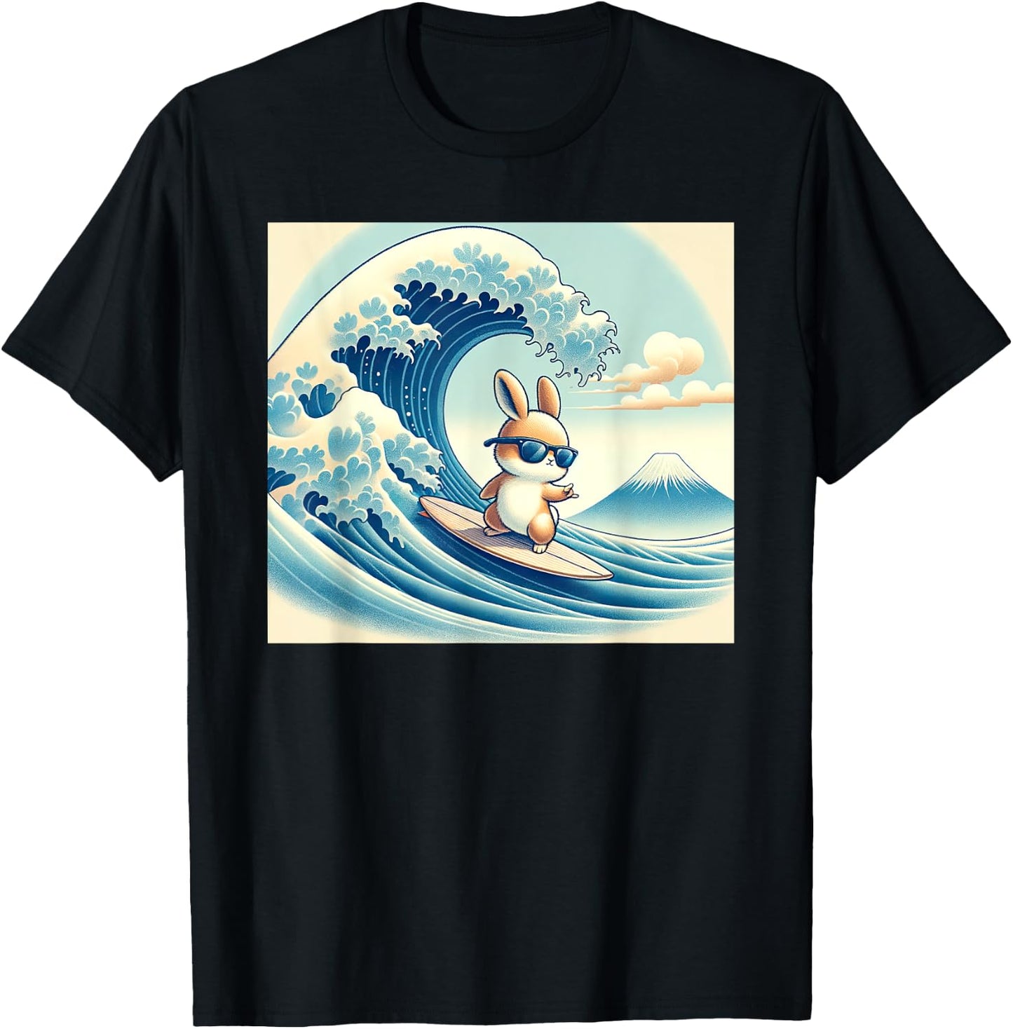 Cool Surfing Bunny Rabbit - Japanese Great Big Wave Funny T-Shirt - T-Shirt | Black