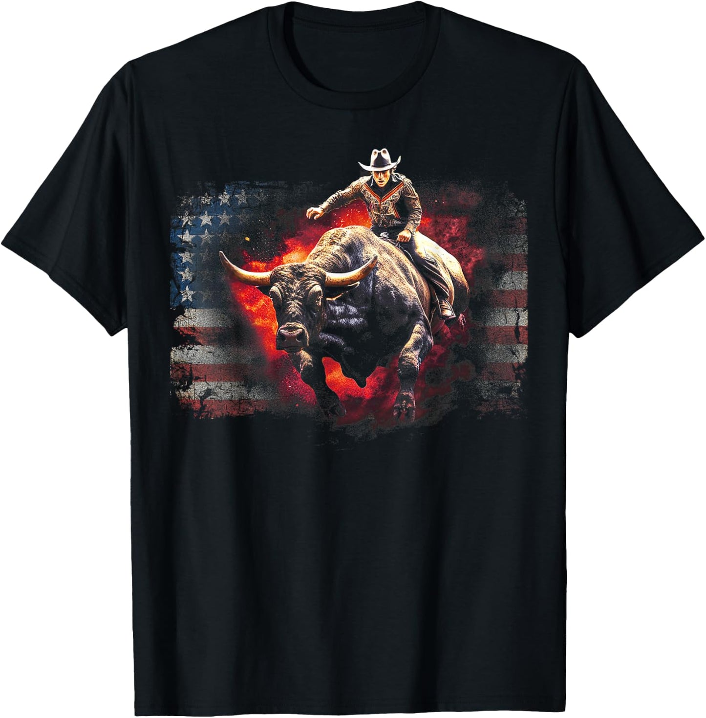 Vintage American Flag Bucking Bull Riding Patriotism Rodeo Men T-Shirt - T-Shirt | Black