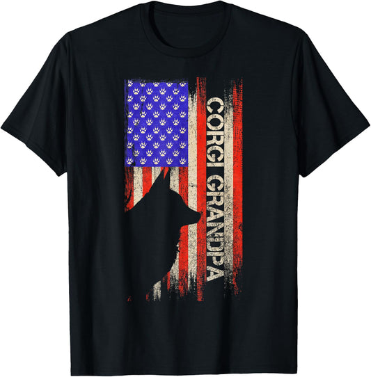 Vintage USA Flag Proud Welsh Corgi Dog Grandpa Silhouette T-Shirt - T-Shirt | Black