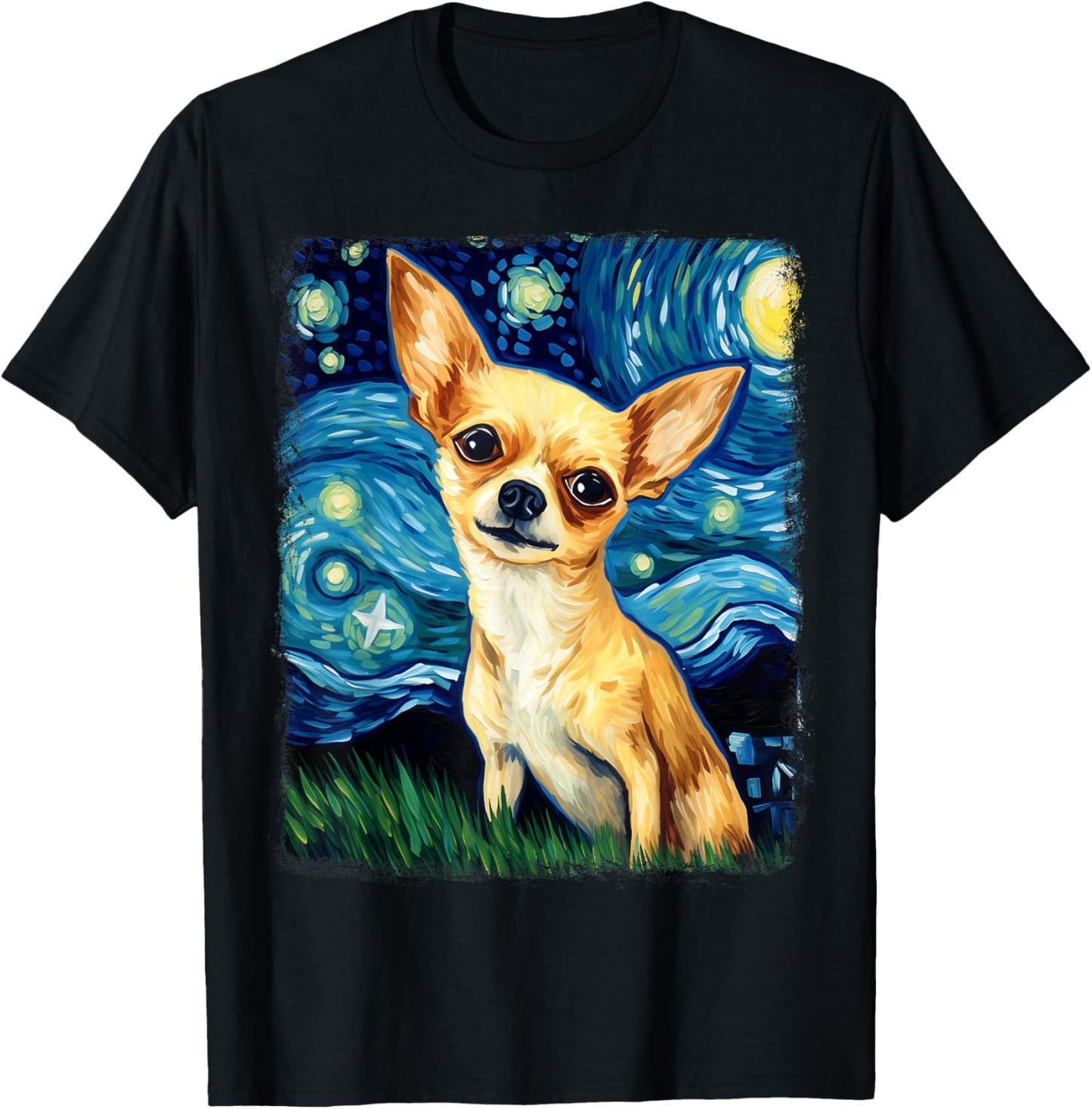 Chihuahua Dog Starry Night Painting T-Shirt - T-Shirt | Black