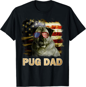 Funny Best Pug Dad Ever American Flag 4th Of July Dog Lover T-Shirt - T-Shirt | Black