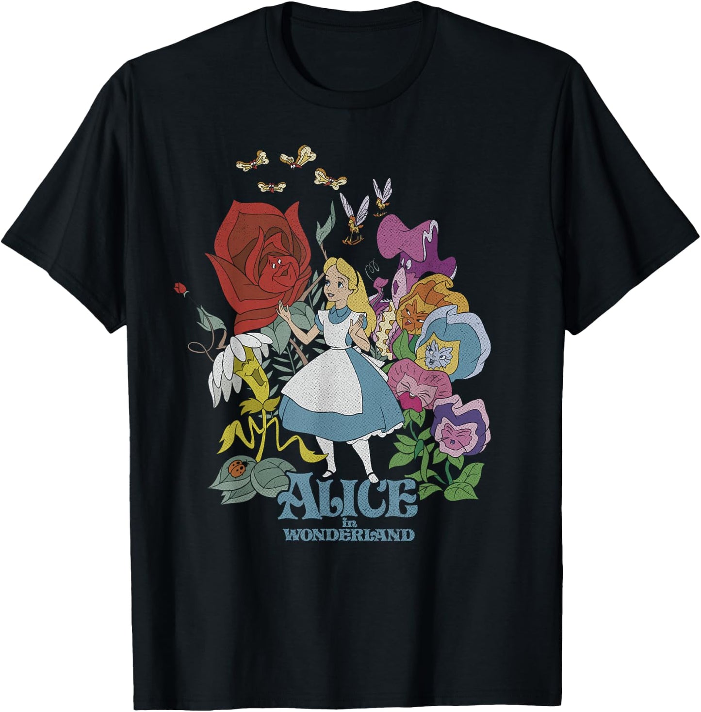 Disney Alice in Wonderland Walking Through The Flowers Small T-Shirt - T-Shirt | Black