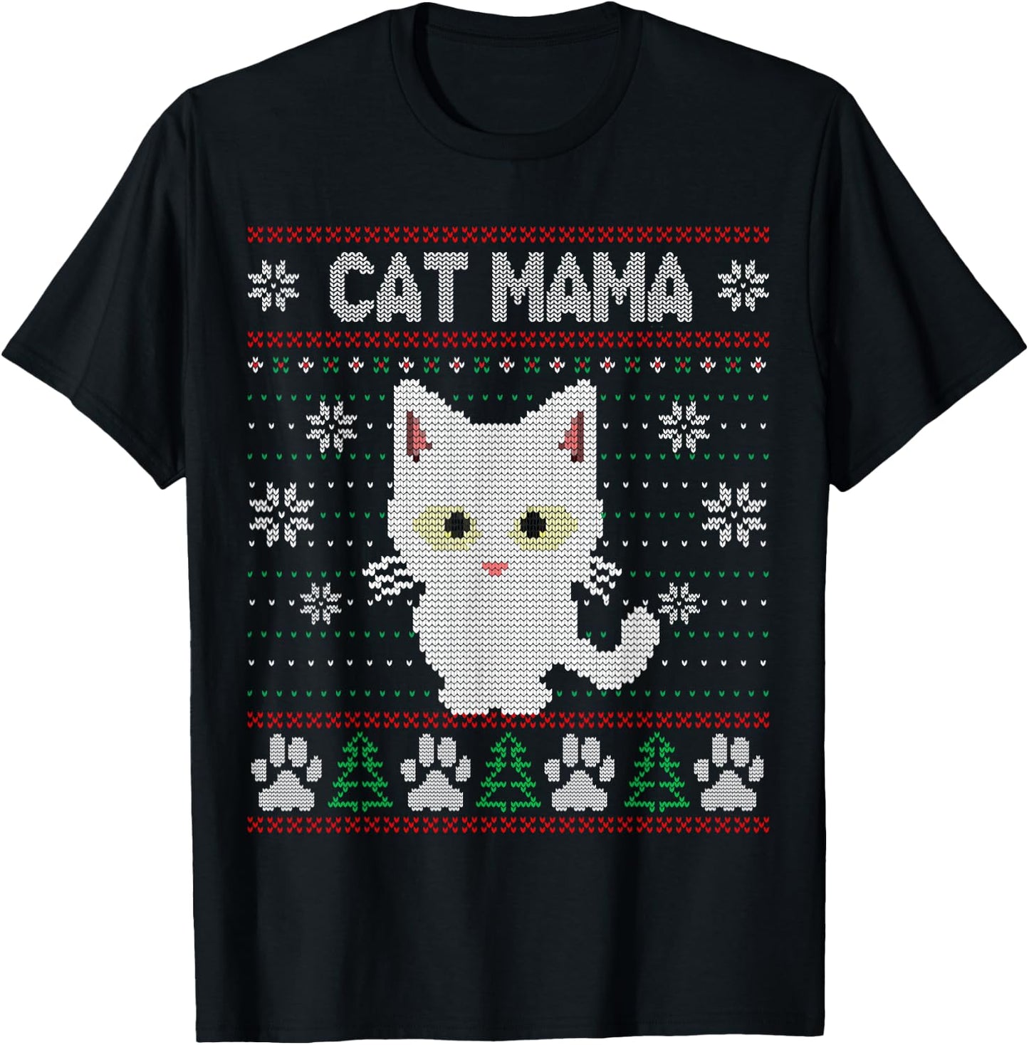 Cat Mama Ugly Christmas Sweater Pajama Kitty Mom Mother Xmas T-Shirt - T-Shirt | Black