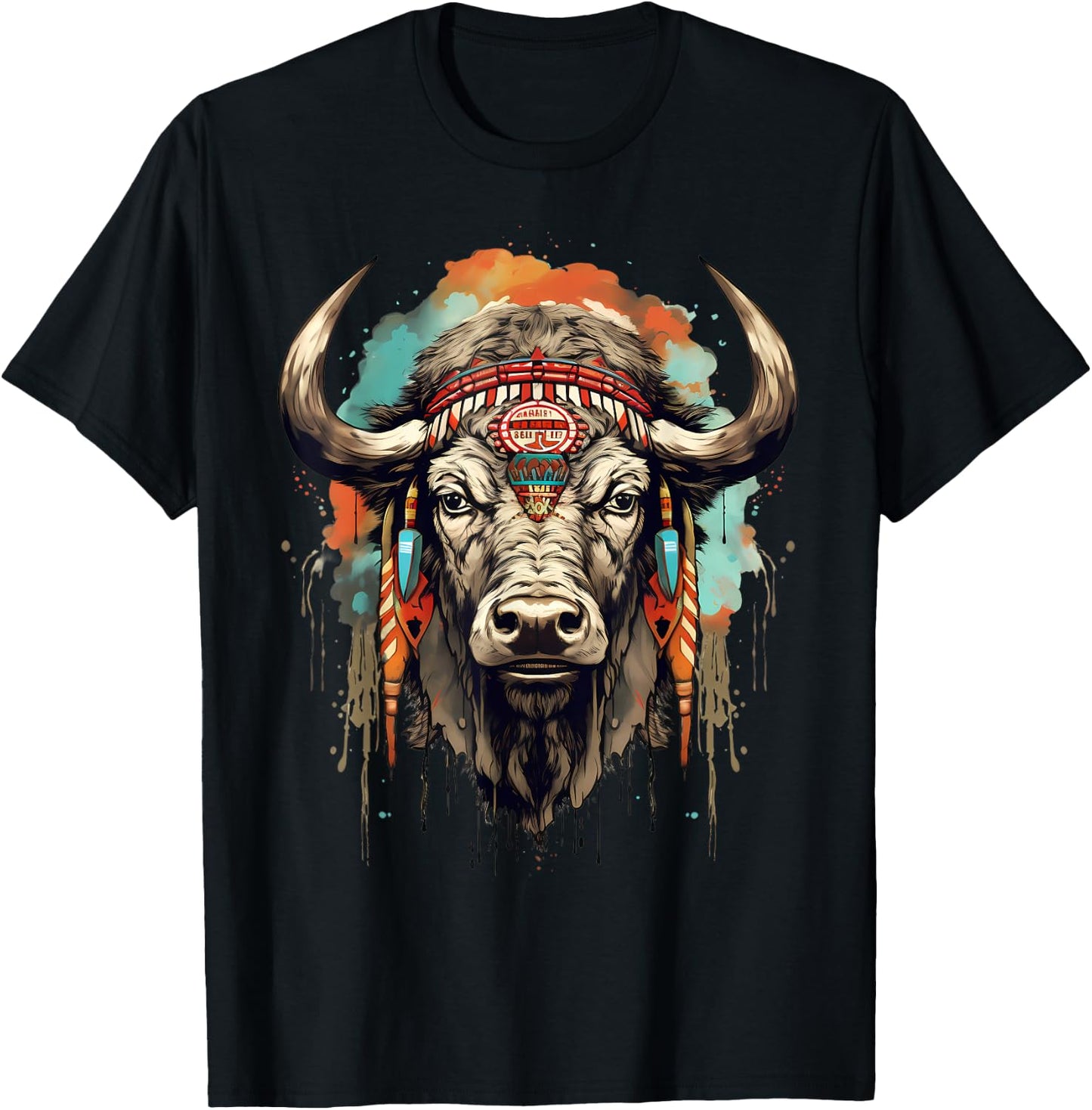 Buffalo Indian Artwork Wildlife Safari Nature Bison Portrait T-Shirt - T-Shirt | Black
