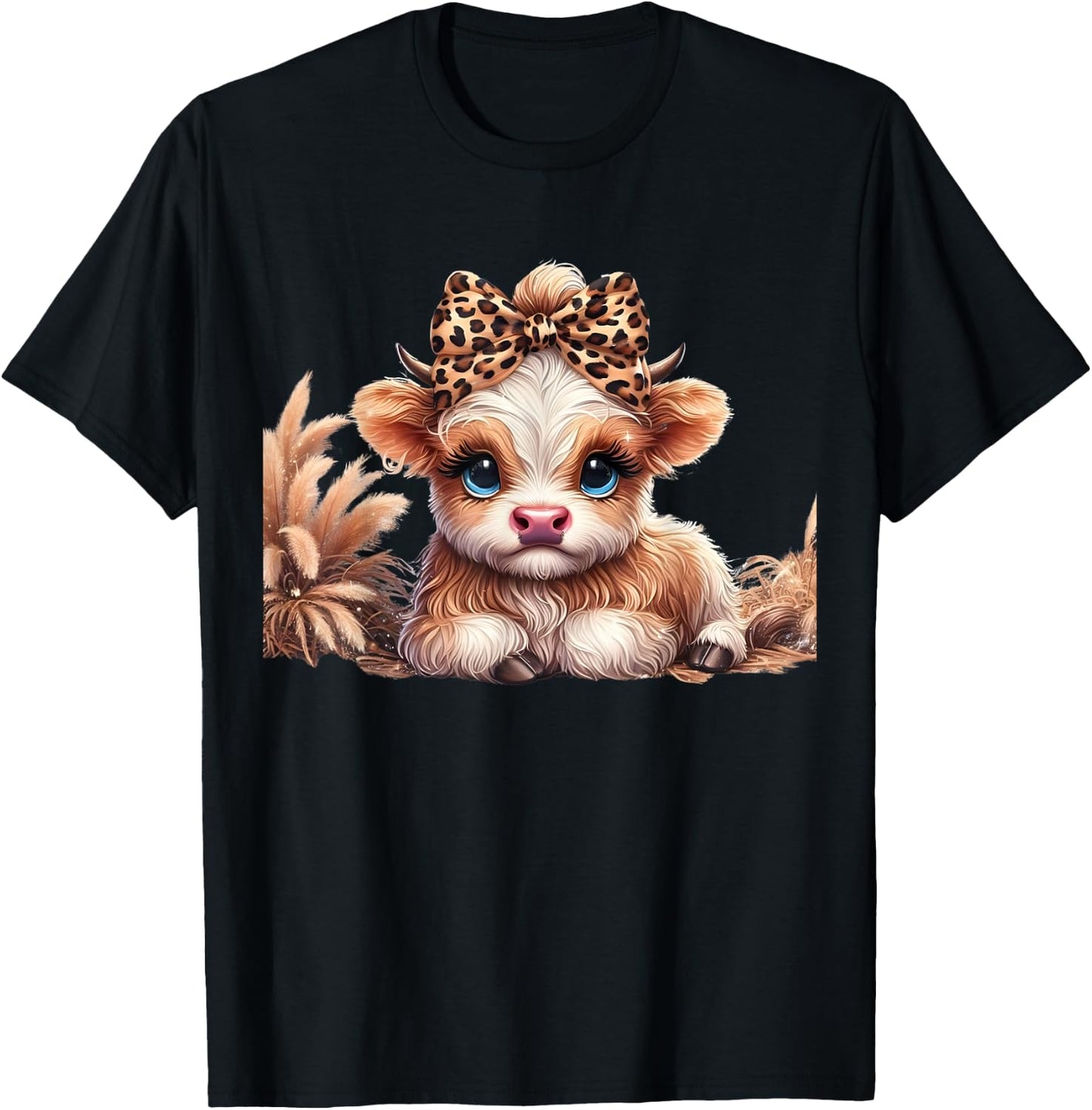 Cute Baby Highland Cow With flowers Calf Animal Leopard T-Shirt - T-Shirt | Black