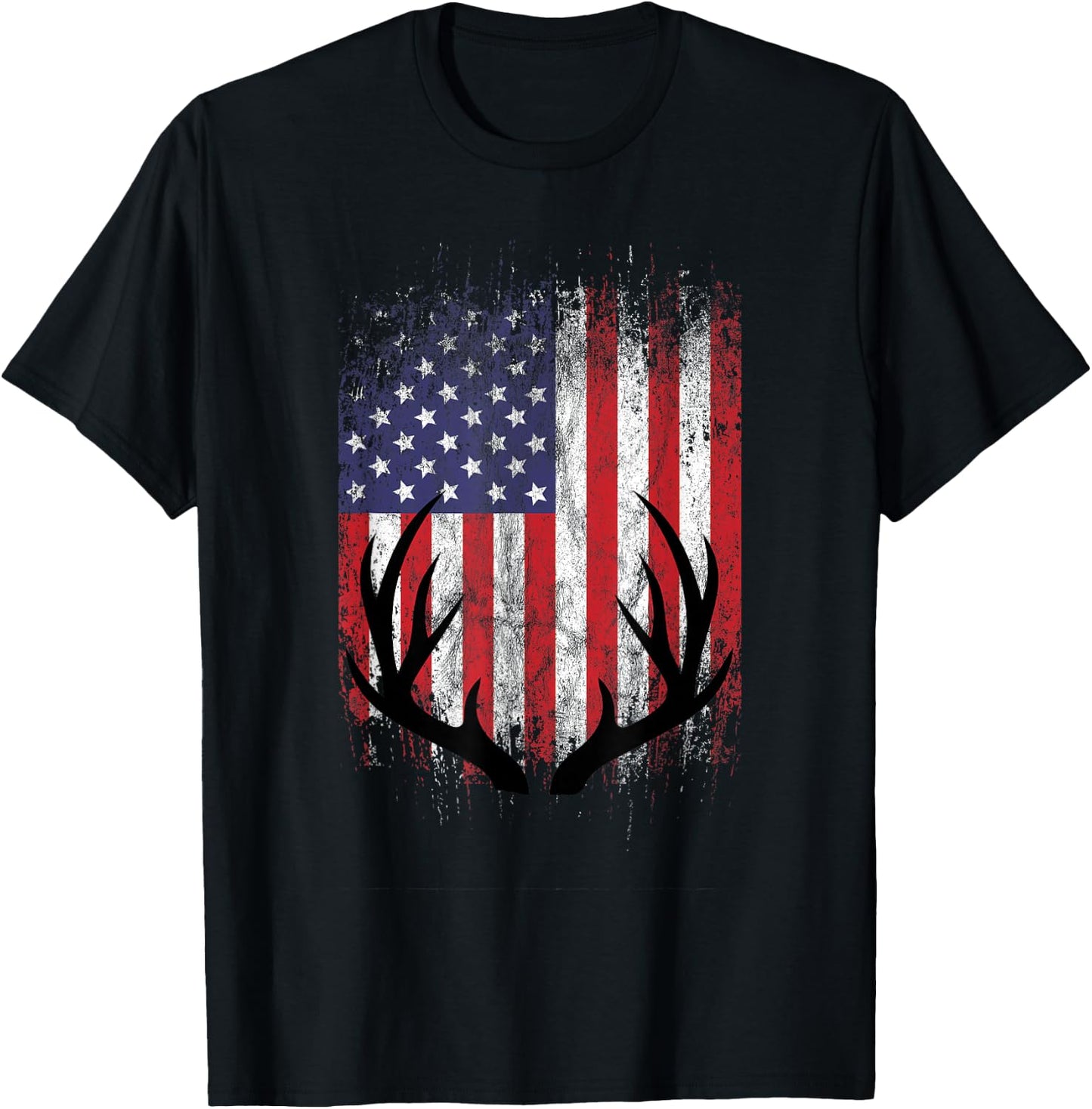 Deer Hunting American Flag Whitetail Buck Antlers Short Sleeve T-Shirt - T-Shirt | Black
