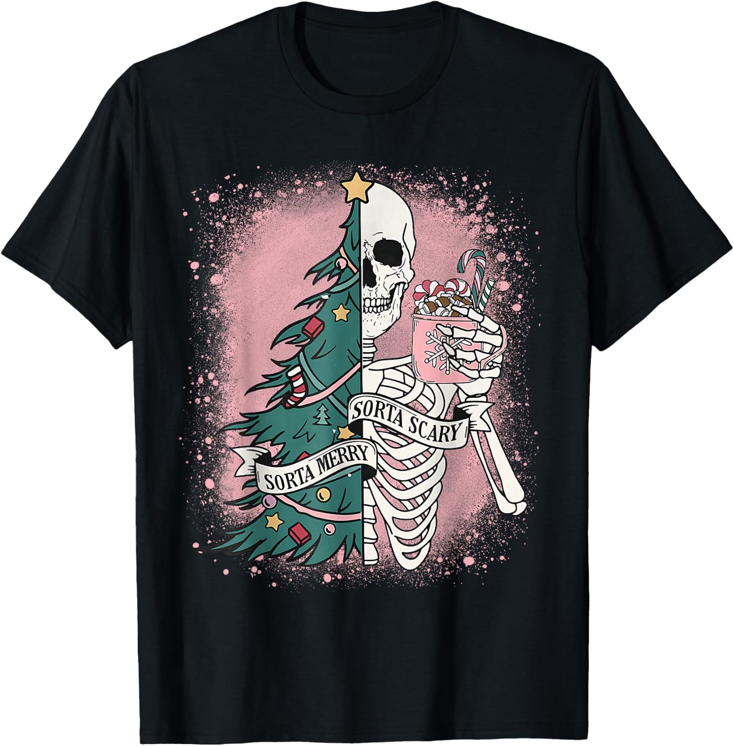 Funny Skeleton Christmas Tree Xmas Sorta Merry Sorta Scary T-Shirt - T-Shirt | Black