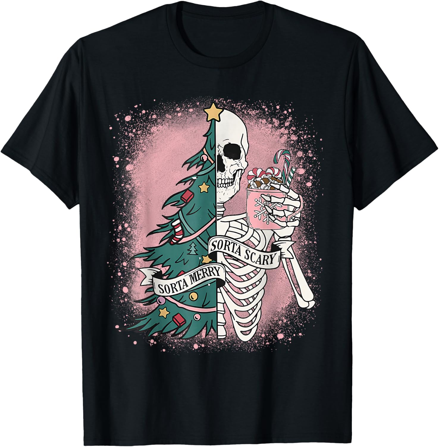 Funny Skeleton Christmas Tree Xmas Sorta Merry Sorta Scary T-Shirt - T-Shirt | Black