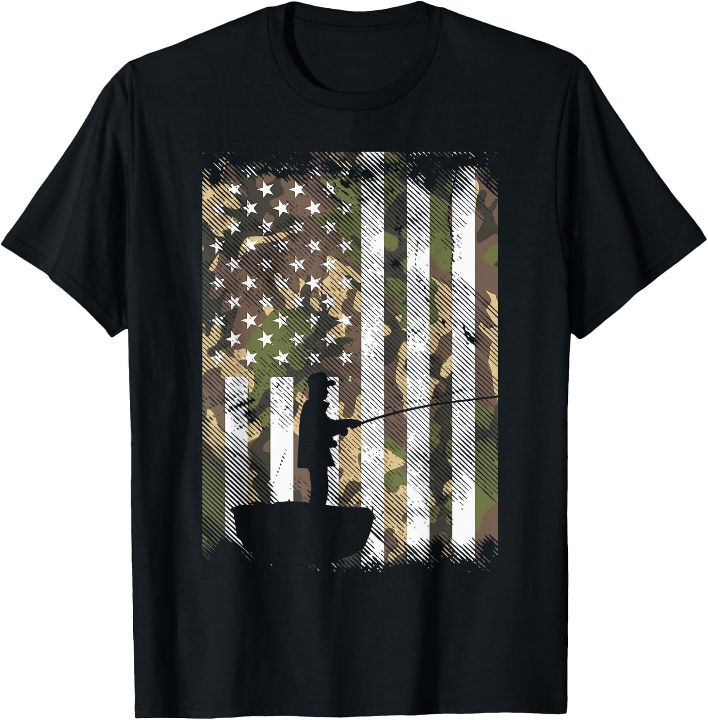 BoredKoalas Camo US Flag Fisherman Vintage Fishing Patriotic Angler Gift - Adult, Black, Small, Short Sleeve, Classic Fit T-Shirt - T-Shirt | Black