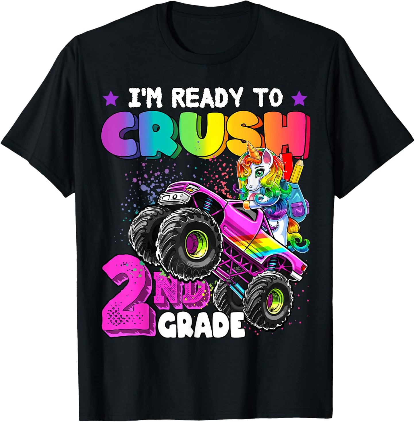 2nd Grade Unicorn Monster Truck Back to School Gift Girls T-Shirt - T-Shirt | Black