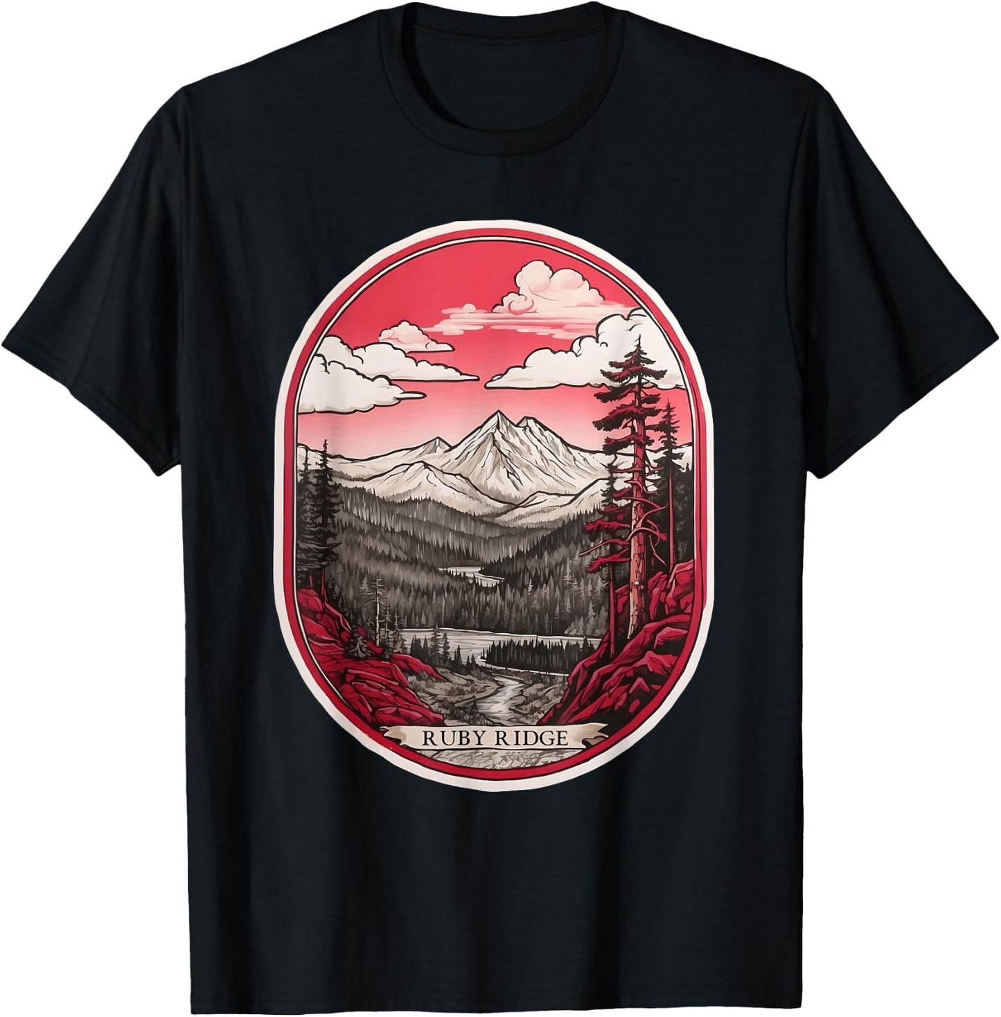 Ruby Ridge - Mountain Majesty - Black, White, and Red T-Shirt - T-Shirt | Black