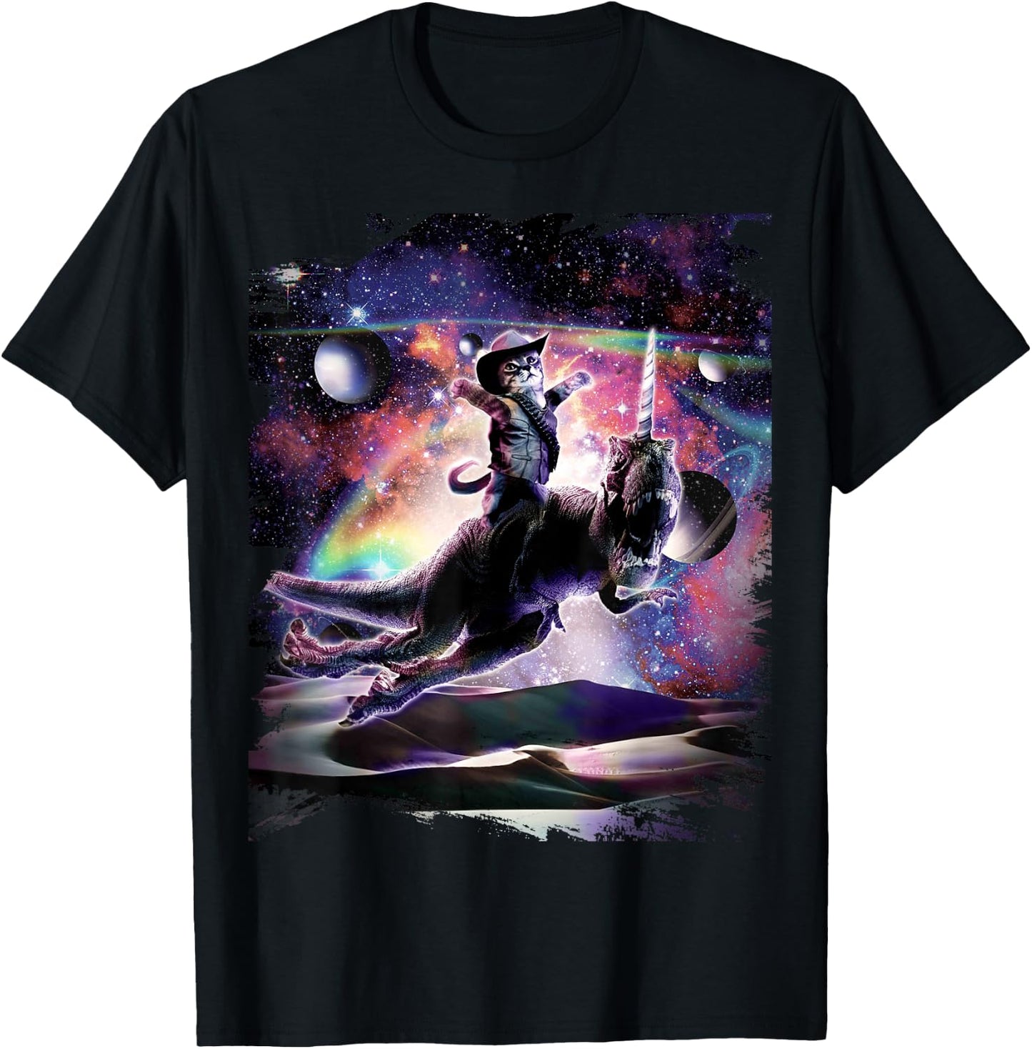 Galaxy Cat On Dinosaur Unicorn In Space T-Shirt - T-Shirt | Black