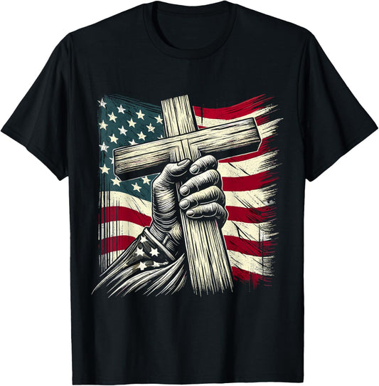 Christian Cross and USA Flag 4th of July Jesus T-Shirt - T-Shirt | Black
