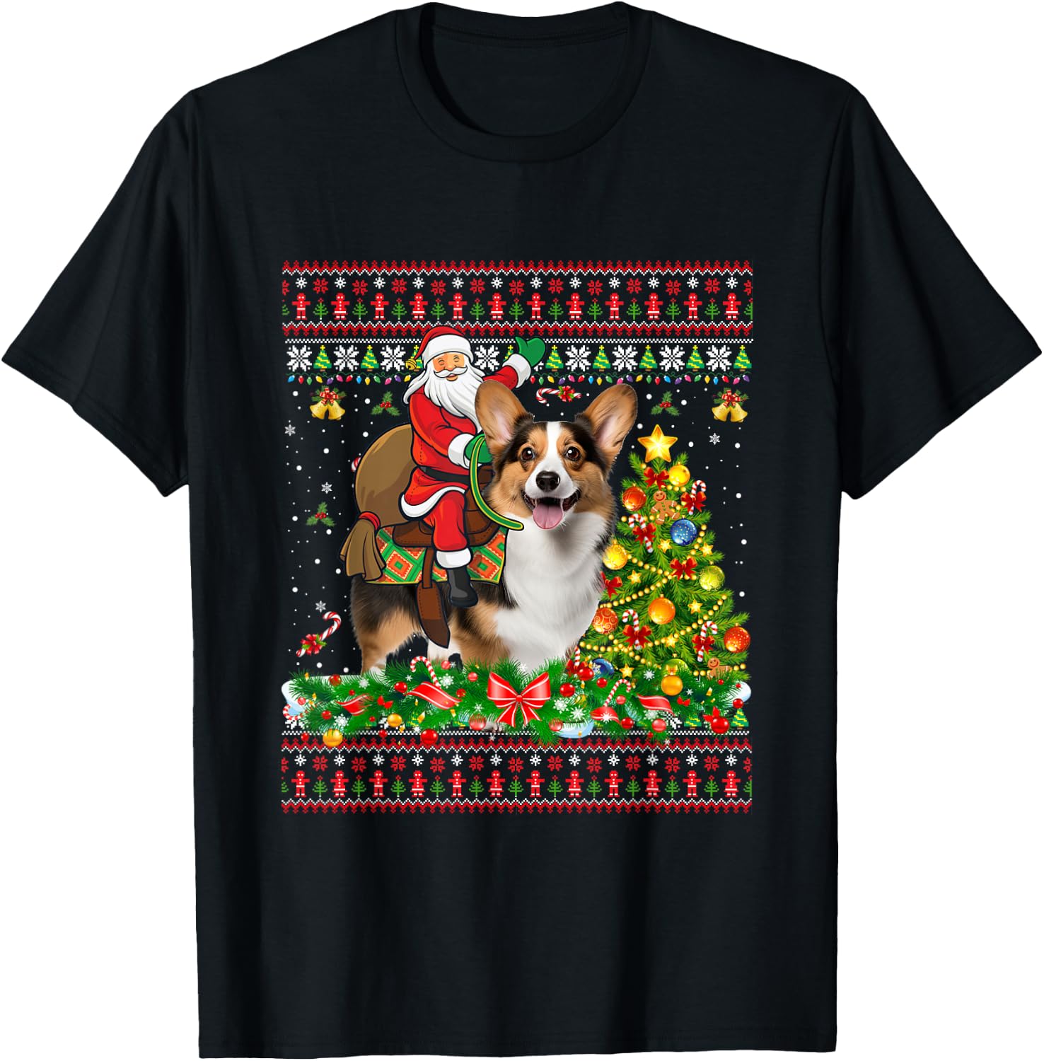 Xmas Sweater Ugly Santa Riding Corgi Dog Christmas T-Shirt - T-Shirt | Black