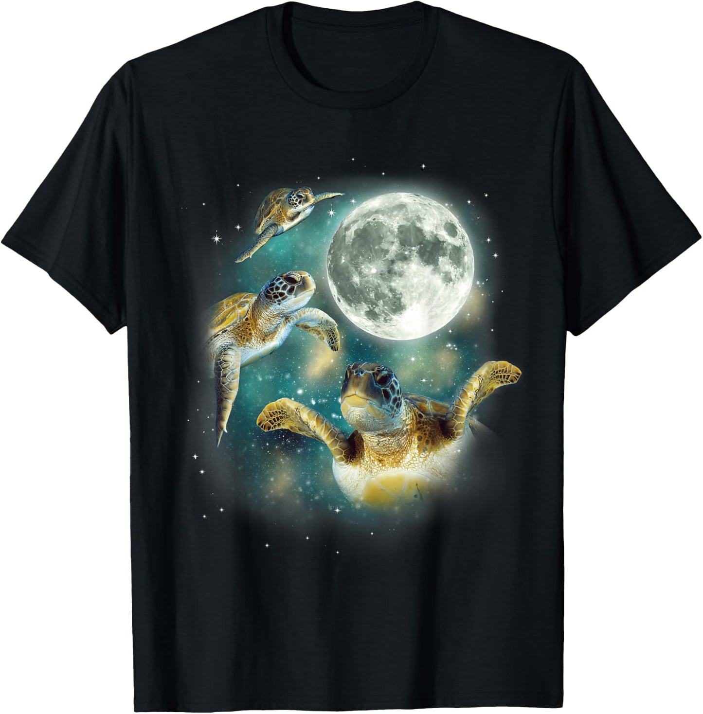 Three Sea Turtle Moon | 3 Magic Sea Turtles Cute Moon Parody T-Shirt - T-Shirt | Black