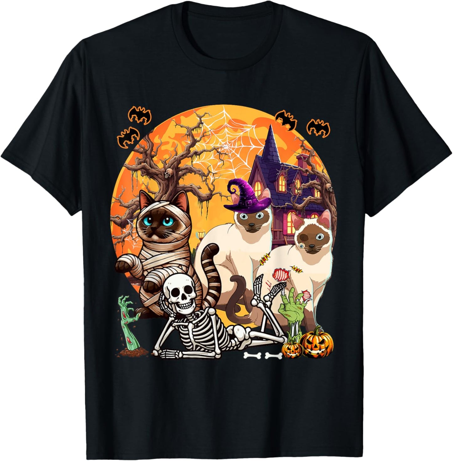 Three Horror Siamese Cats Cosplay Witch Halloween Skeleton T-Shirt - T-Shirt | Black