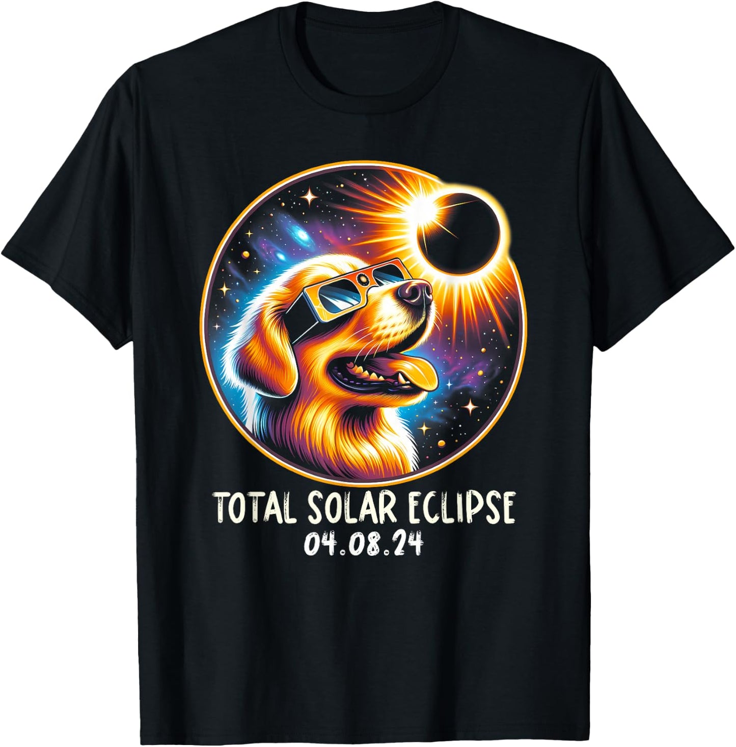 Solar Eclipse Golden Retriever Wearing Glasses April 8 2024 T-Shirt - T-Shirt | Black