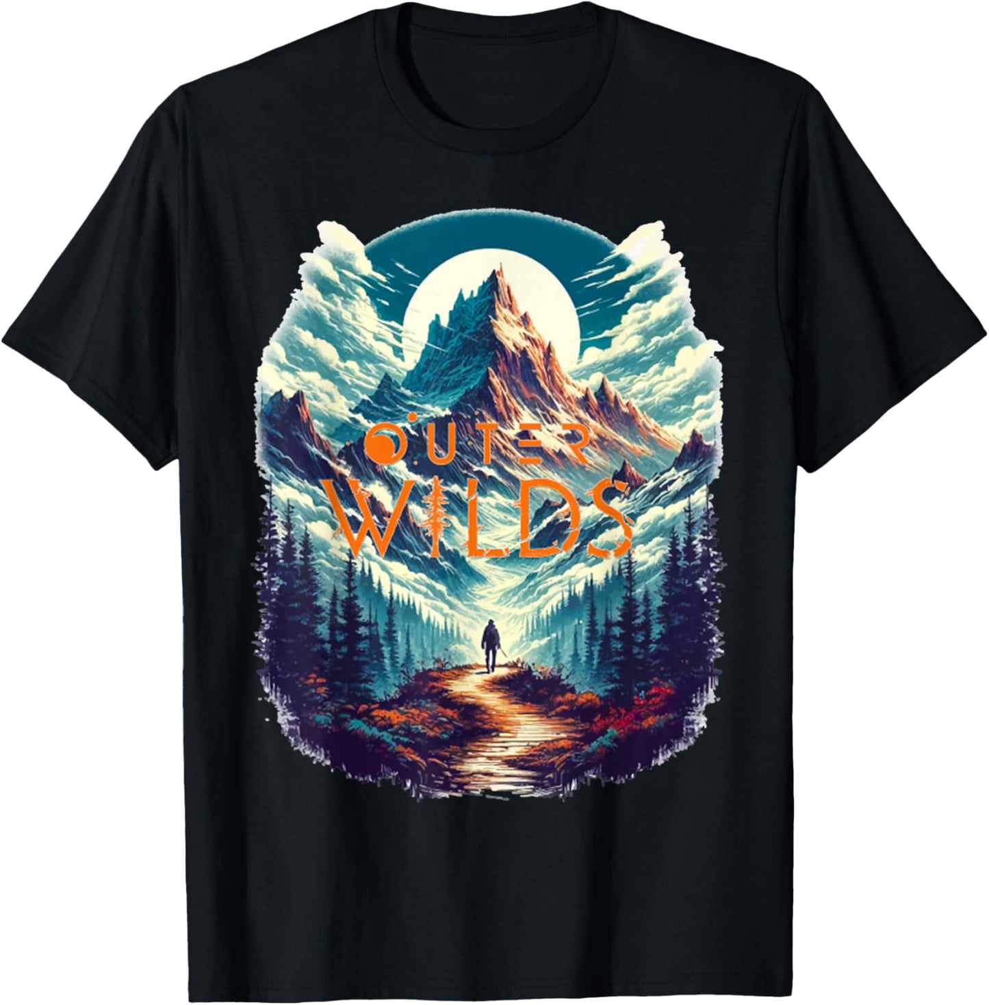 Retro Outer Wilds Text Moon Mountain Forest Tree House Sun T-Shirt - T-Shirt | Black