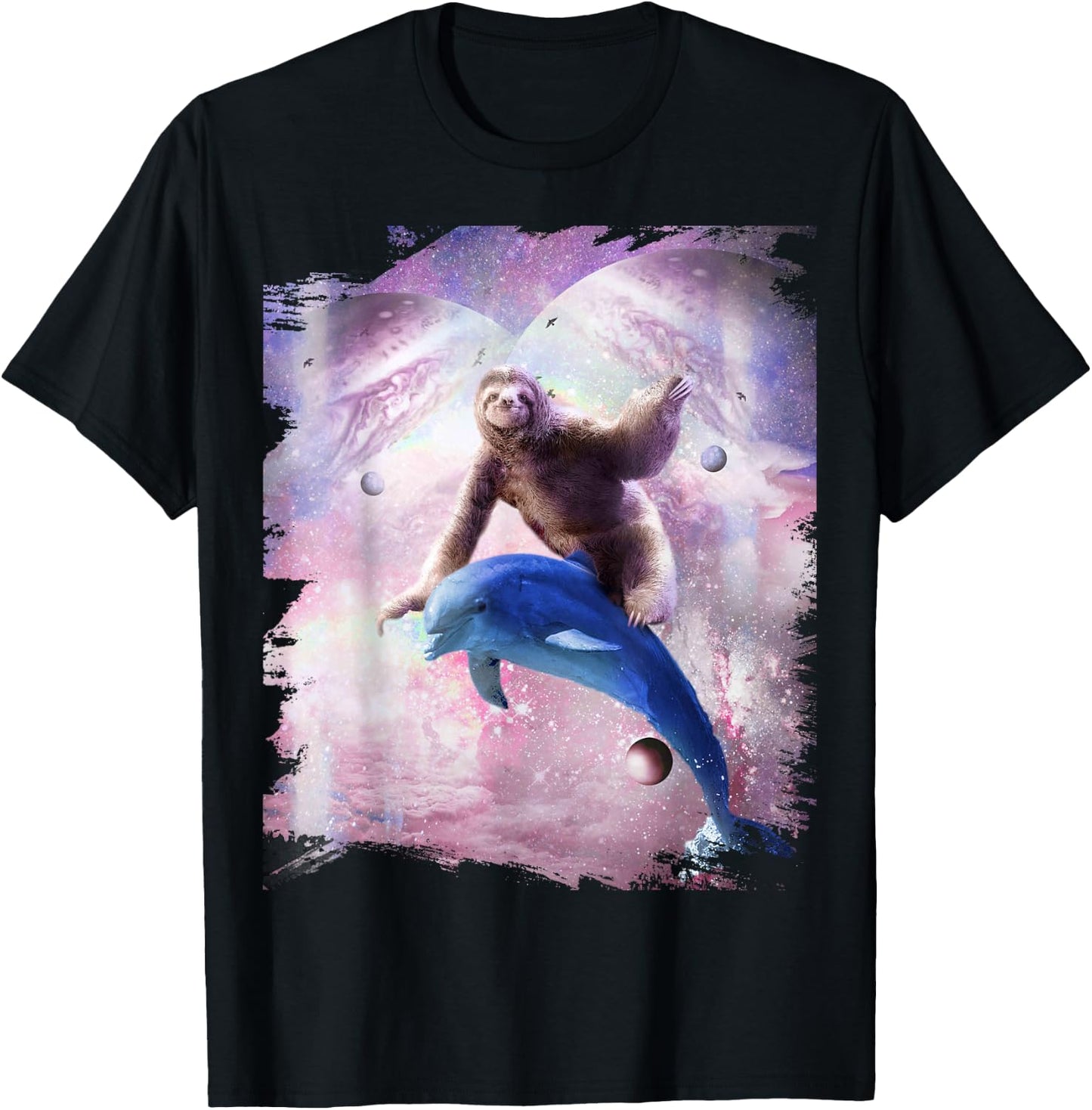 Space Sloth Riding Dolphin T-Shirt - T-Shirt | Black