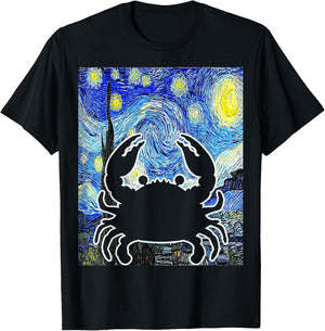 Crab Starry Night Seafood Crabbing Van Gogh Painting T-Shirt - T-Shirt | Black