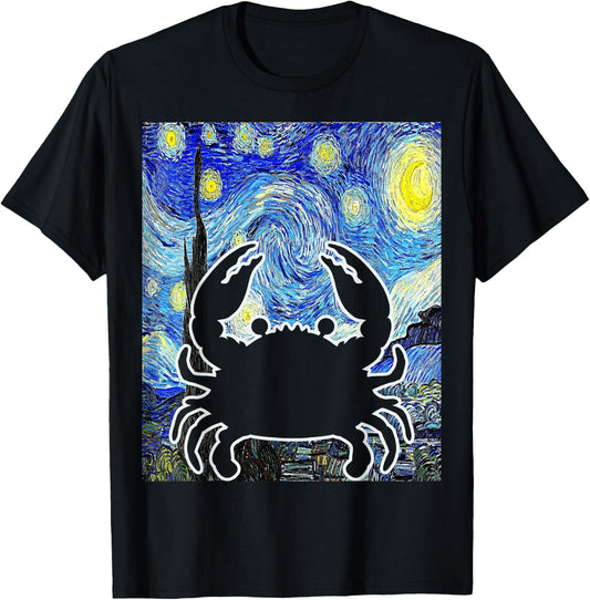 Crab Starry Night Seafood Crabbing Van Gogh Painting T-Shirt - T-Shirt | Black
