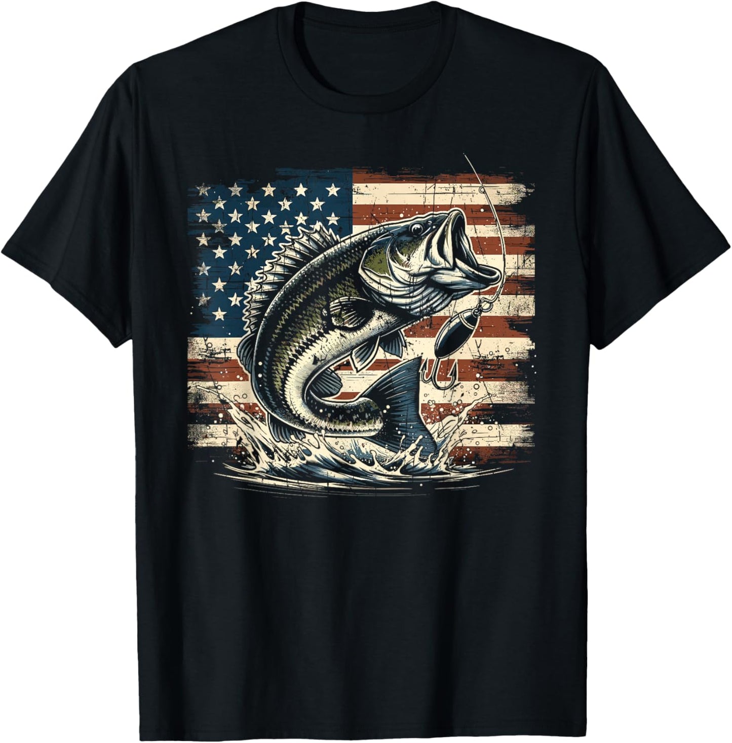 Fishing US American Flag Bass Fish Fisherman T-Shirt - T-Shirt | Black