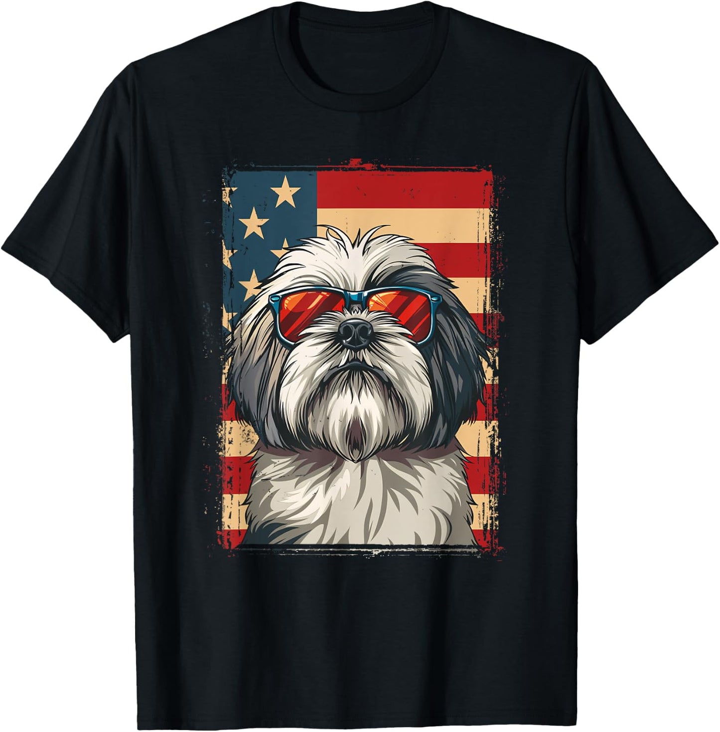 Lhasa Apso Dog 4th July America USA Flag Patriotic T-Shirt - T-Shirt | Black
