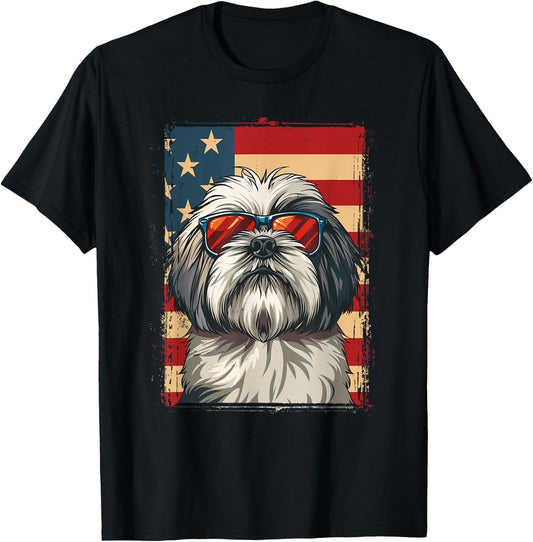 Lhasa Apso Dog 4th July America USA Flag Patriotic T-Shirt - T-Shirt | Black