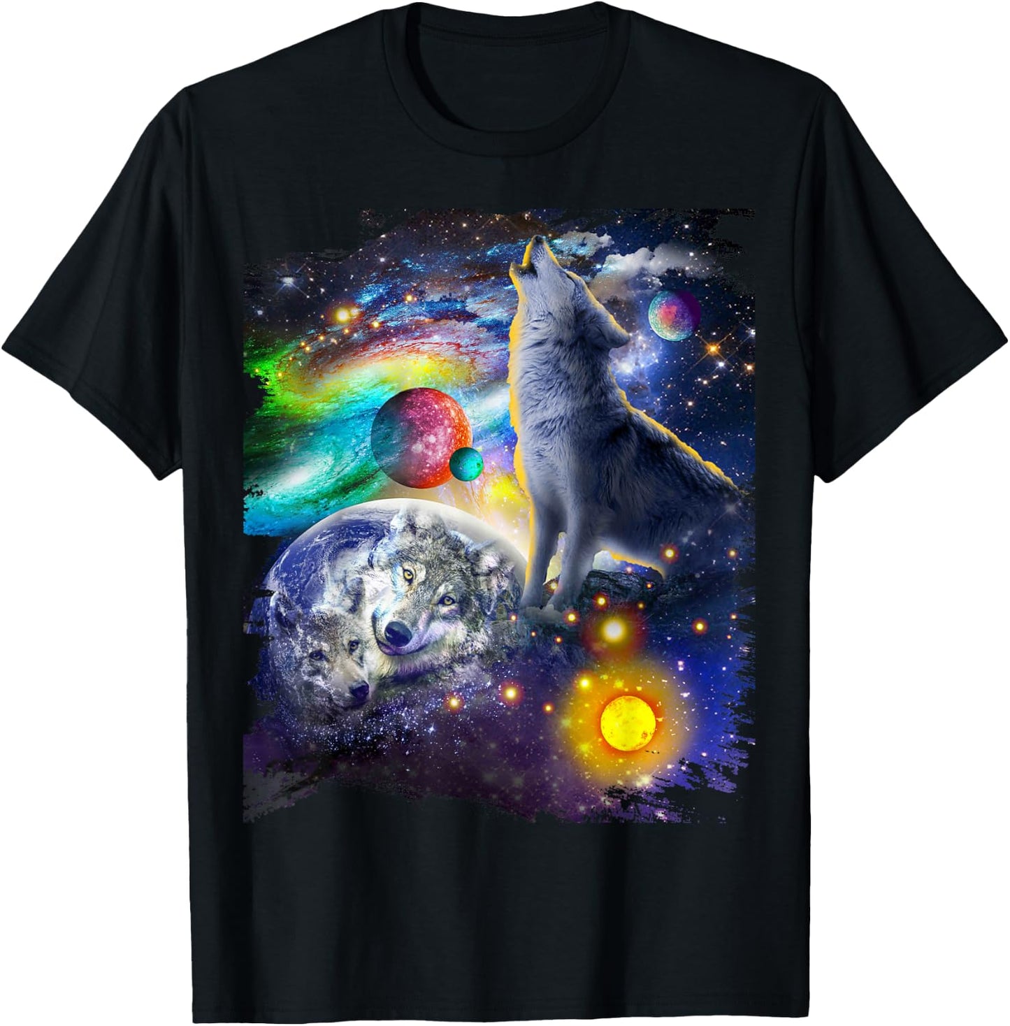 Cosmic Space Wolf, Wolves Family Howling, Reflections T-Shirt - T-Shirt | Black