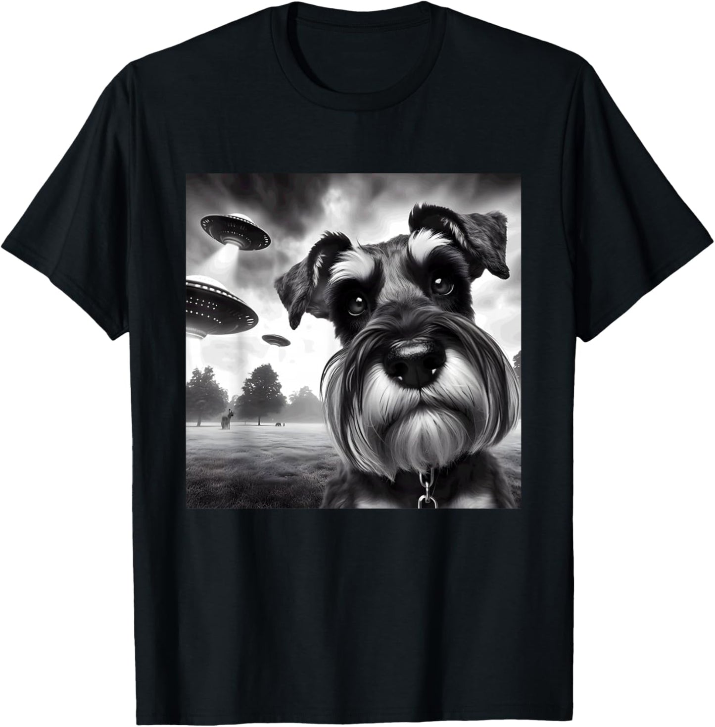 Miniature Schnauzer Funny Graphic Selfie UFOs Weird Aliens T-Shirt - T-Shirt | Black