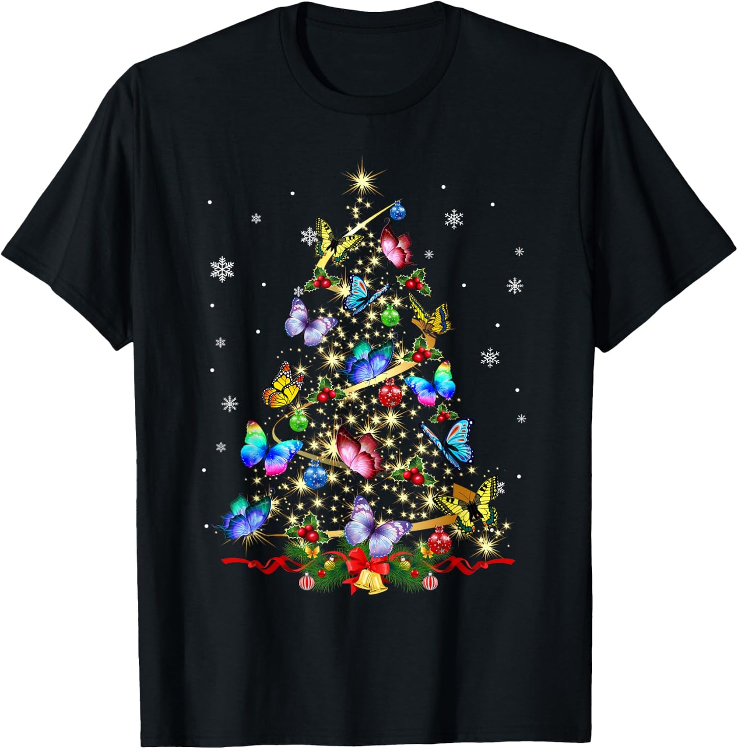 Butterfly Christmas Tree Lights Girl Xmas Cute Butterfly T-Shirt - T-Shirt | Black