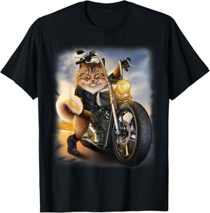 Biker Tabby Cat Riding Chopper Motorcycle Women Kids T-Shirt - T-Shirt | Black