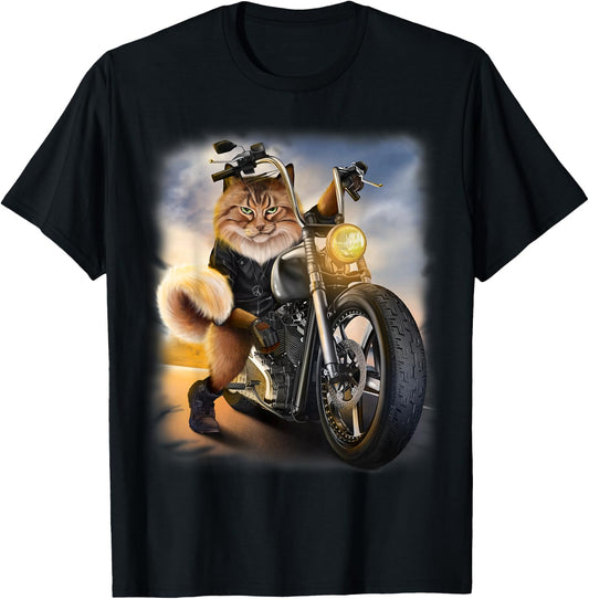 Biker Tabby Cat Riding Chopper Motorcycle Women Kids T-Shirt - T-Shirt | Black