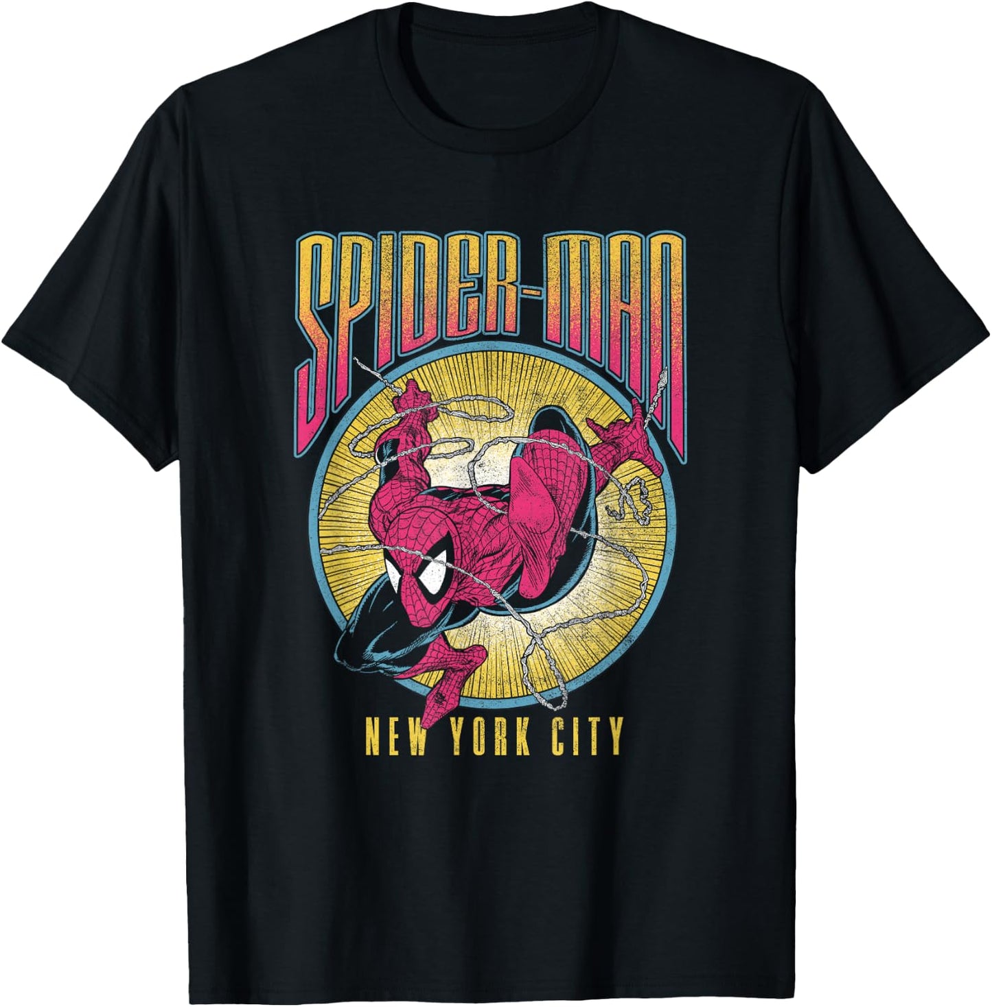 Marvel Spider-Man Swinging Through NYC Distressed Big Poster T-Shirt - T-Shirt | Black